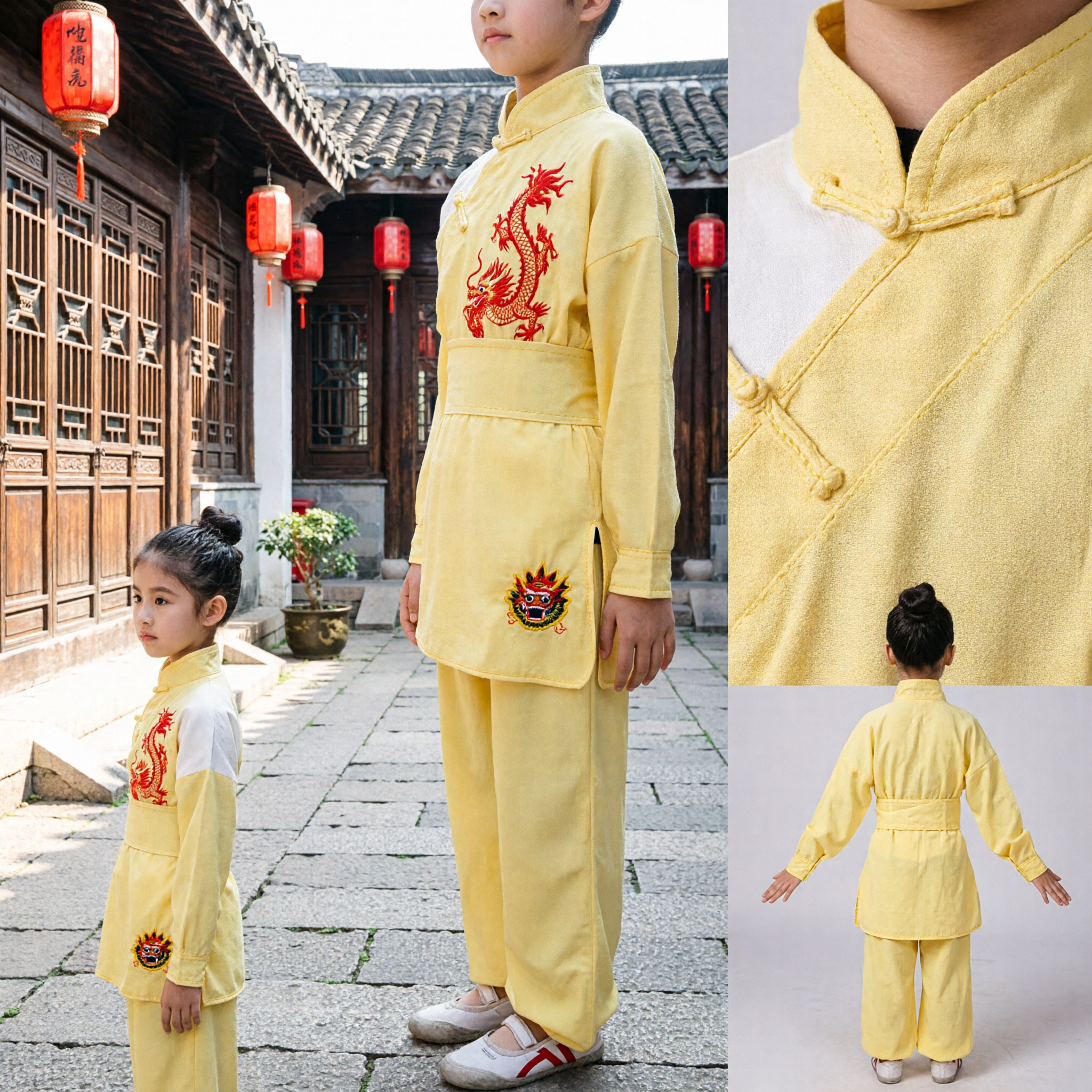 Uniforme Kung Fu per Bambini con Ricamo del Drago Giallo, Costume Tradizionale Cinese per Arti Marziali e Tai Chi per Bambine - Asian Costume