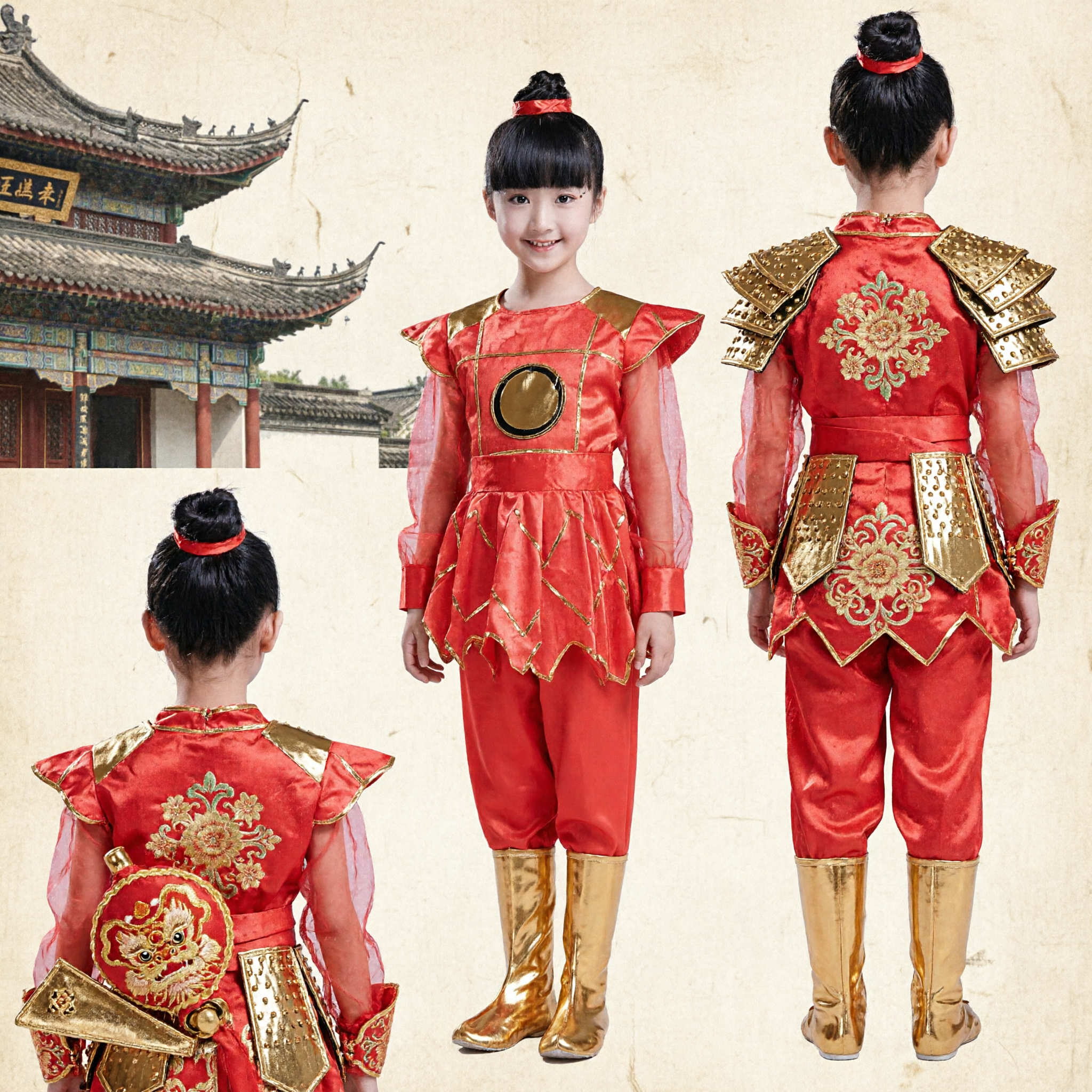 Traditionelles Chinesisches Volkstanz Kostüm Rot Kampfkunst Krieger Outfit für Kinder Mädchen Auftritt - Asian Costume