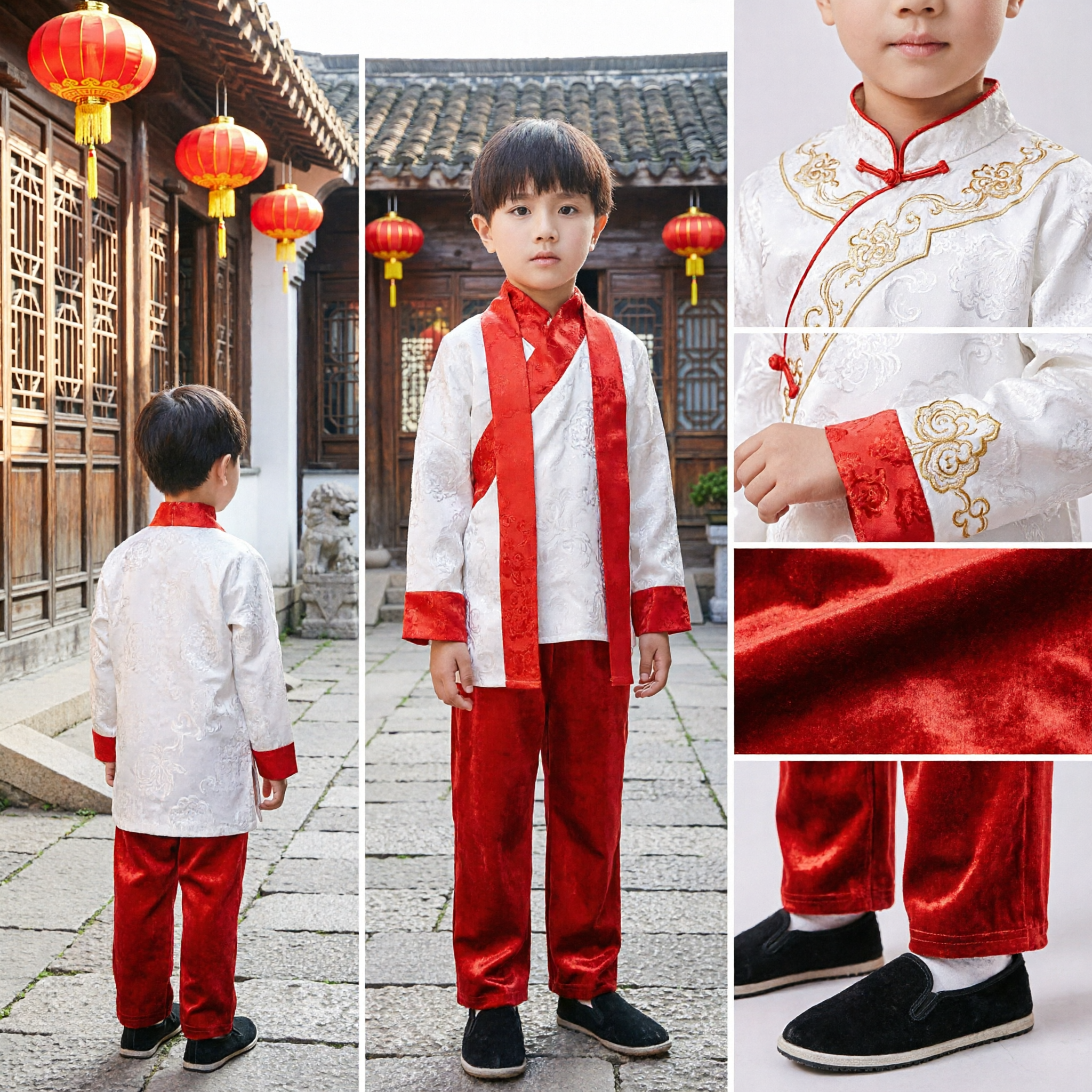 Costume Kung Fu Tradizionale Cinese per Bambini, Tangzhuang Rosso e Bianco, Abbigliamento per Spettacoli di Danza Folk - Asian Costume