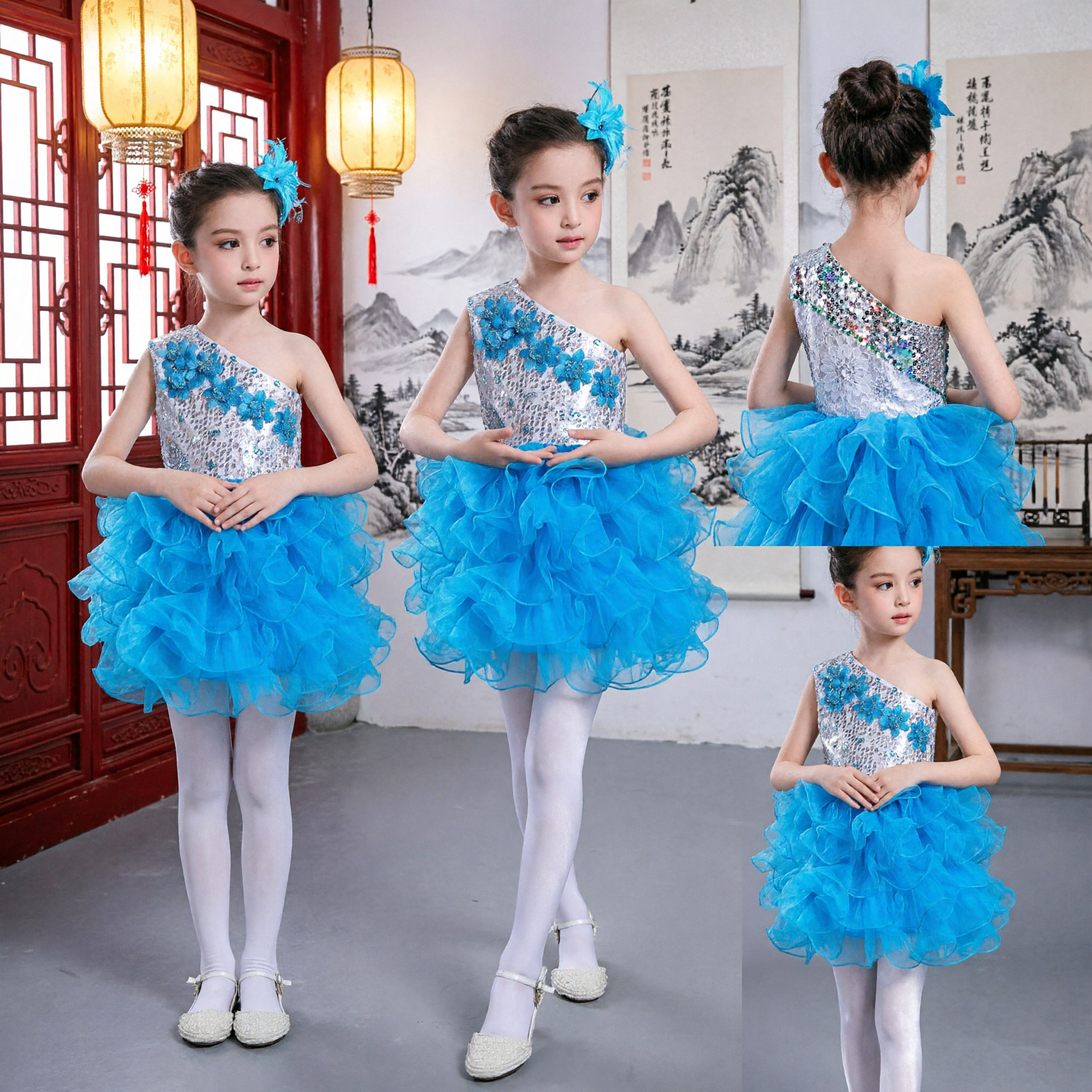 Abito da Danza Floreale Blu a Una Spalla con Paillettes per Bambine, Costume per Spettacoli con Gonna a Balze in Tulle - Asian Costume