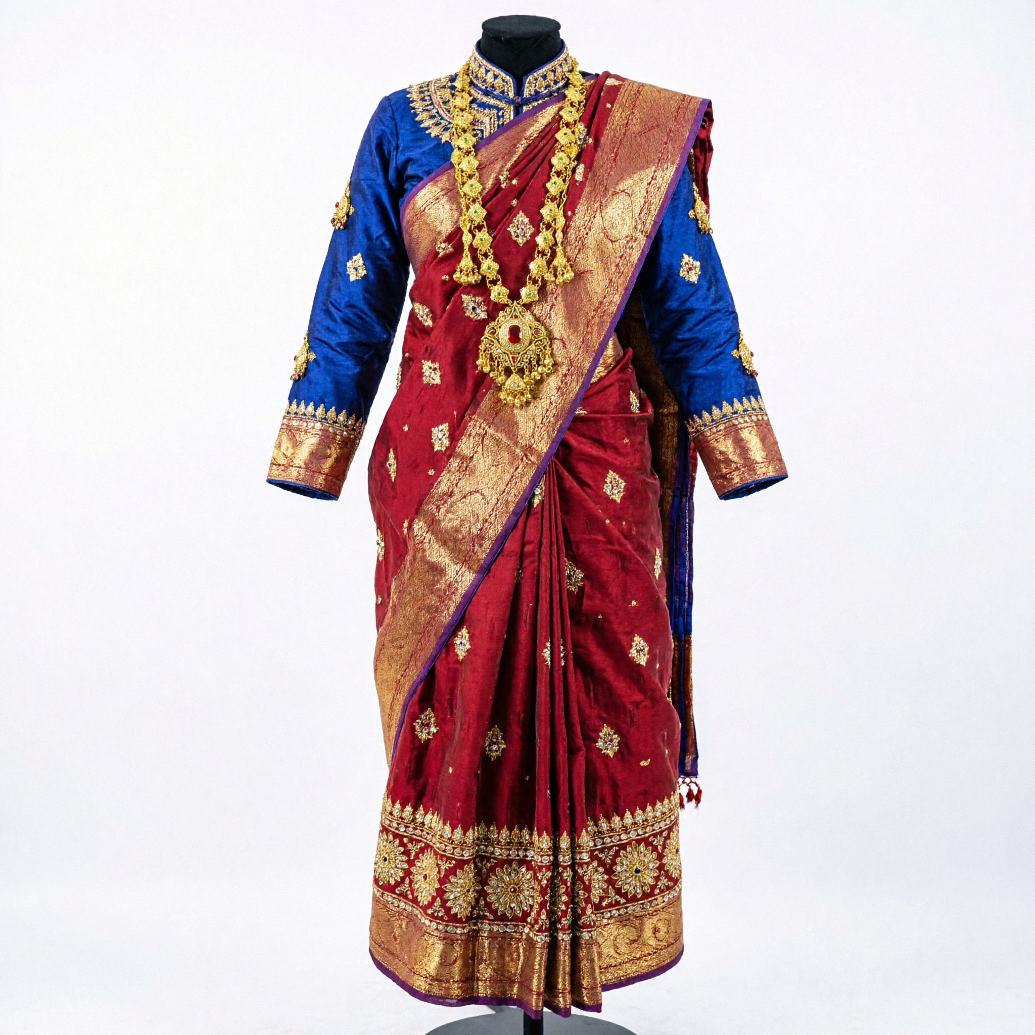 伝統インド金メッキ花嫁ネックレスセット ロングハラムチェーンとフローラルペンダント 女性婚礼用 - Asian Costume