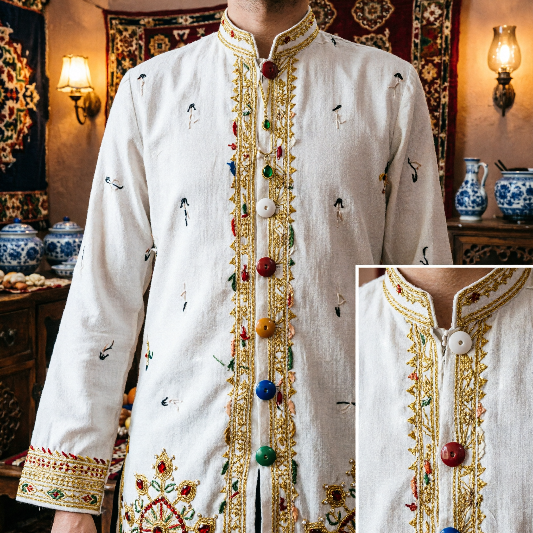 伝統金メッキロングチェーンネックレス インド花嫁ジュエリー 女性婚礼パーティー エスニックストーン装飾ハラム - Asian Costume