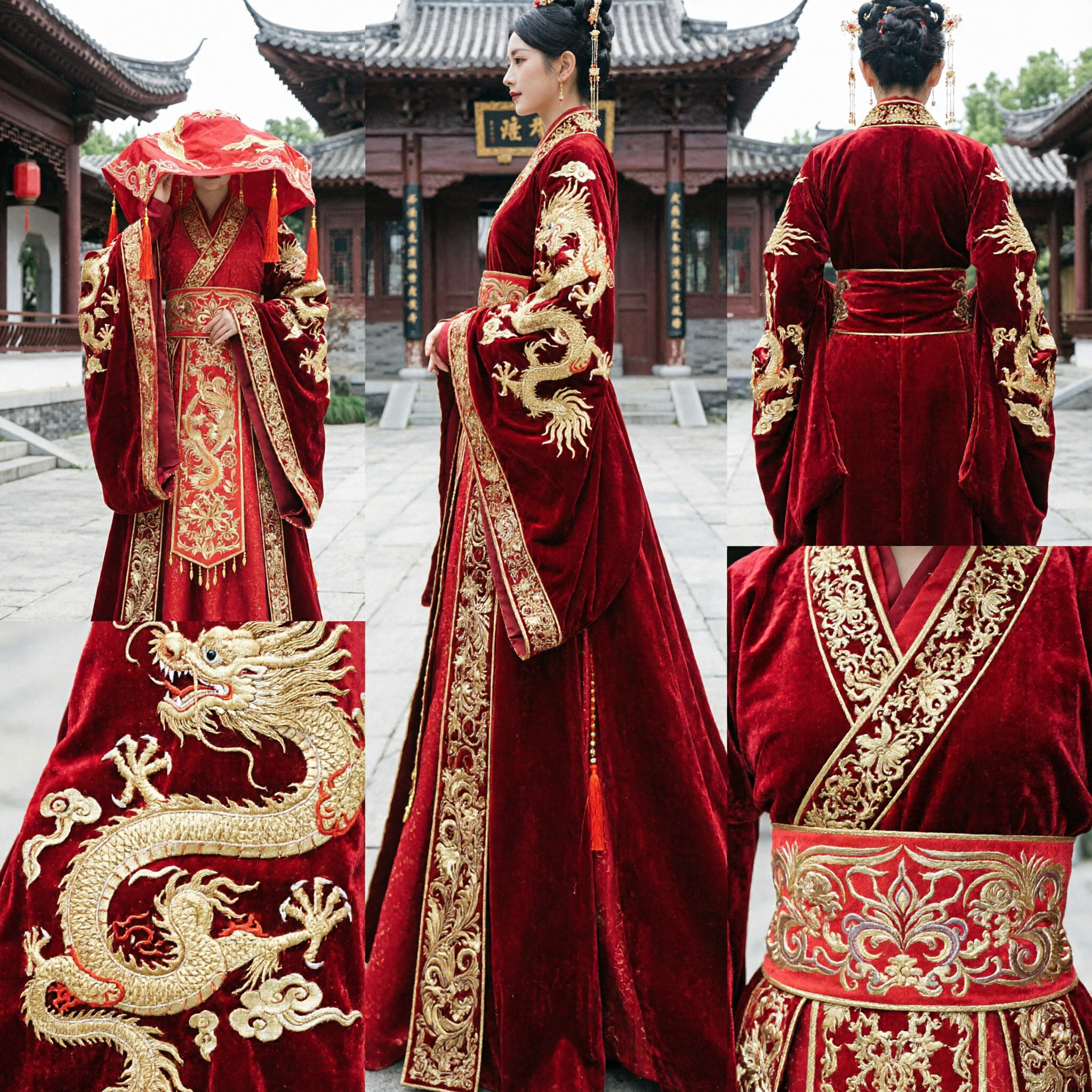 Vestido de Novia Tradicional Chino Hanfu Rojo, Traje de Novia Antiguo Estilo Dinastía Tang para Mujer - Asian Costume