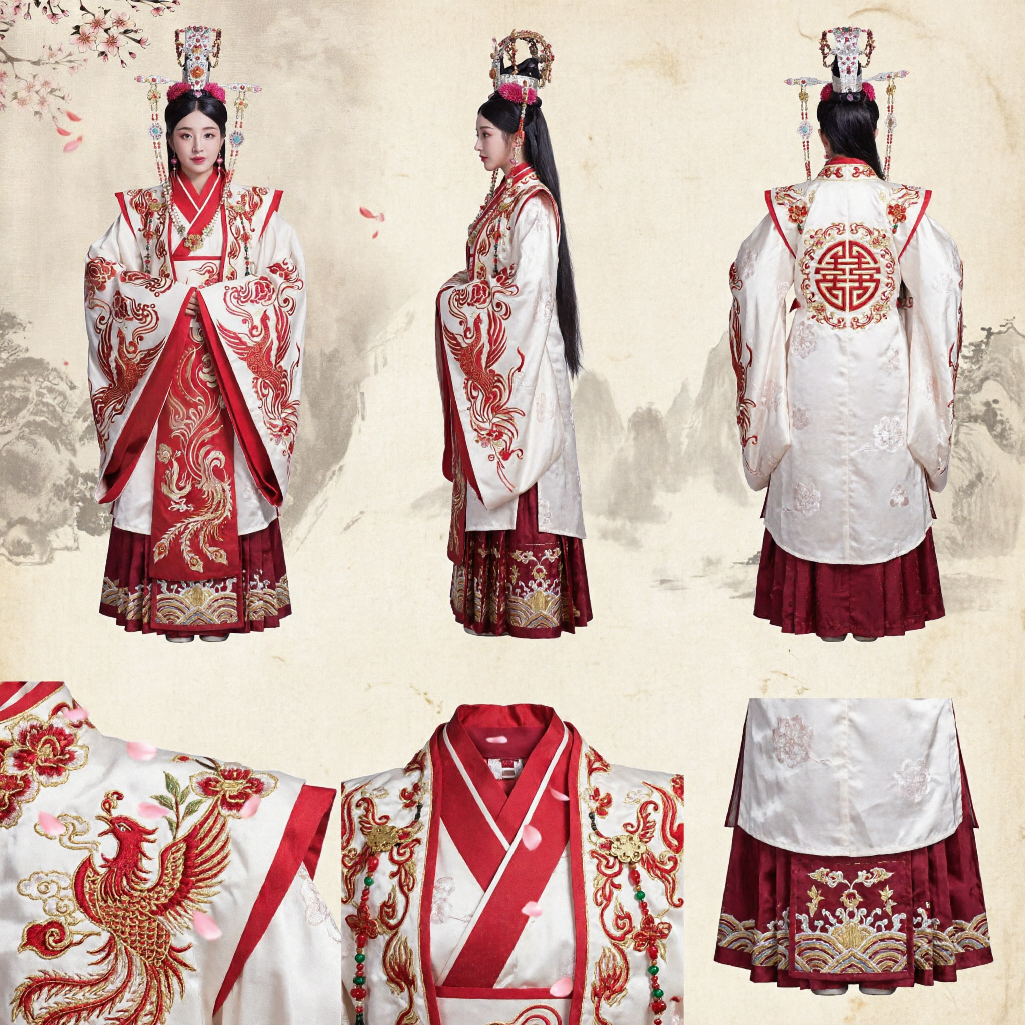 Costume Tradizionale Cinese Hanfu Antica Veste da Imperatrice Fenice Ricamo Rosso e Bianco per Donne Cosplay Matrimonio - Asian Costume