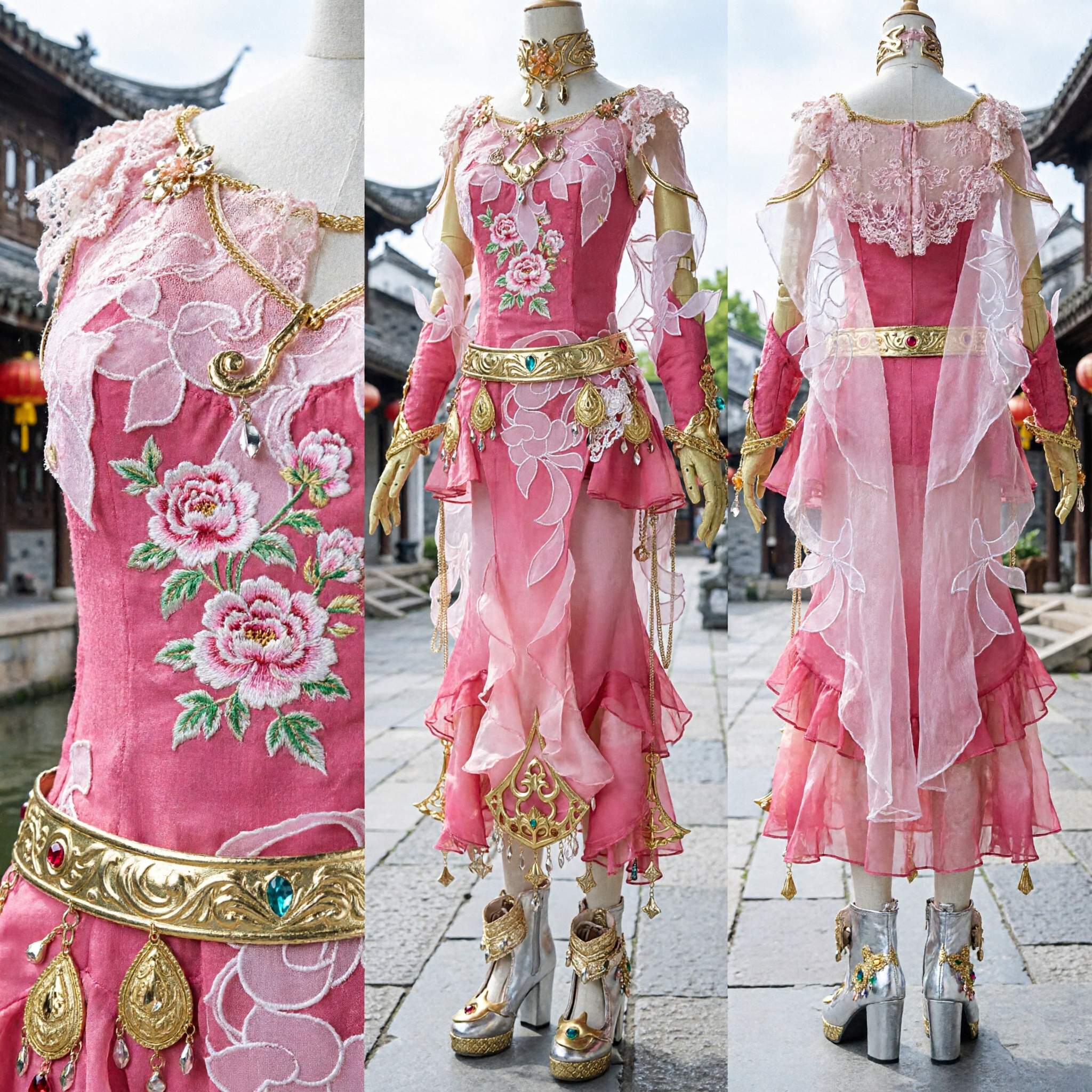 Pinkes chinesisches Xianxia-Fantasiegöttinnen-Cosplay-Kostüm mit goldener Rüstungszubehör für Frauen für Bühnenauftritte - Asian Costume
