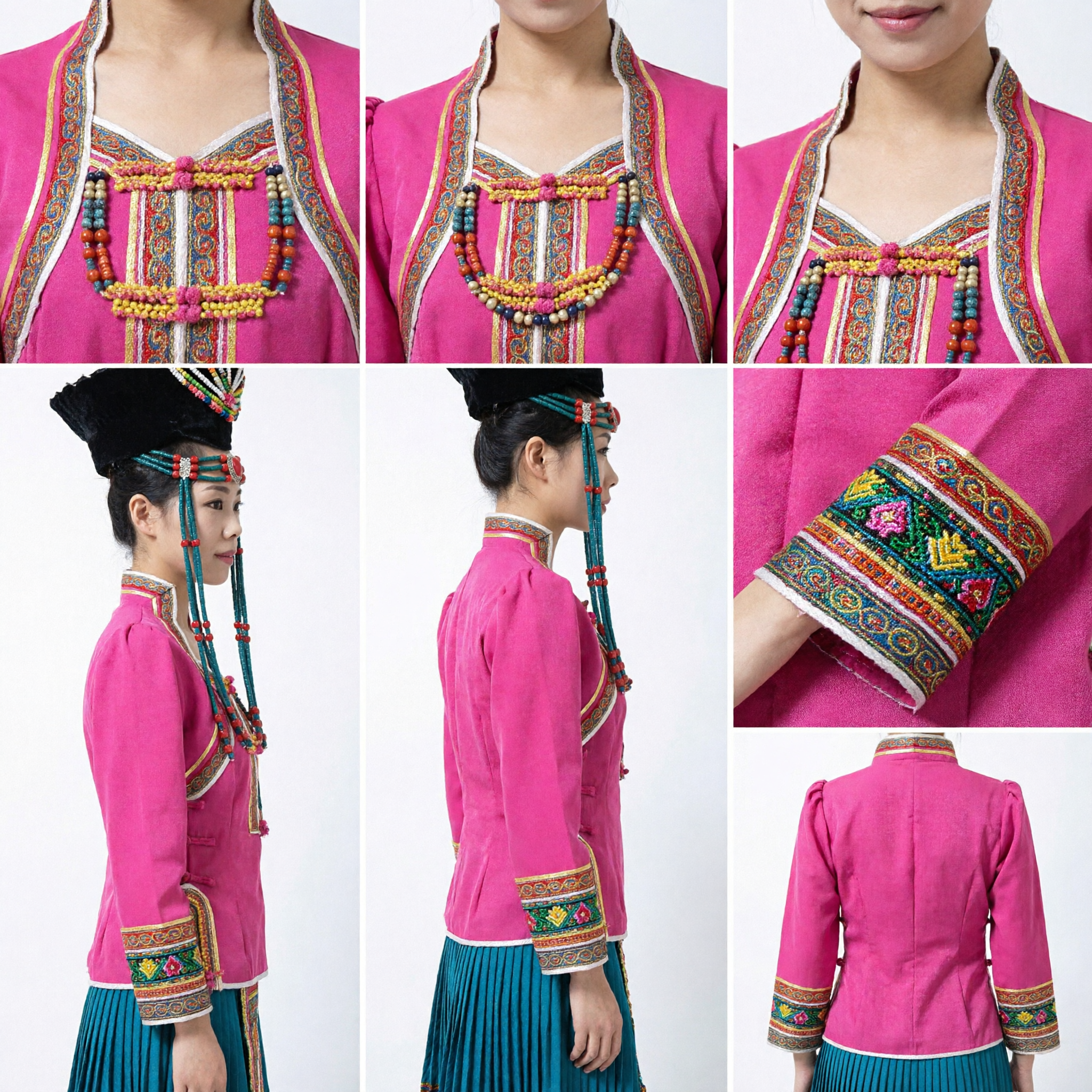 Arraial de Contas da Minoria Étnica Mongol Tradicional Chinês - Joias Verde e Vermelhas para Performance de Dança Feminina - Asian Costume