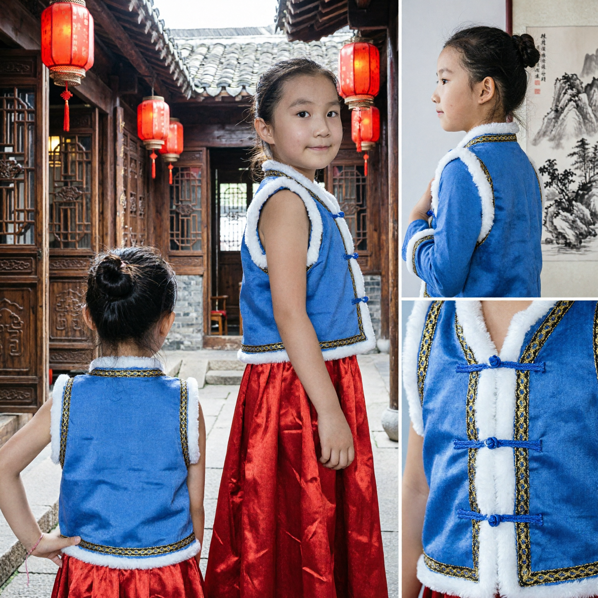 Kinder traditionelle chinesische blaue ethnische Weste mit weißem Pelzbesatz Volkstanz-Aufführungskostüm für Mädchen - Asian Costume