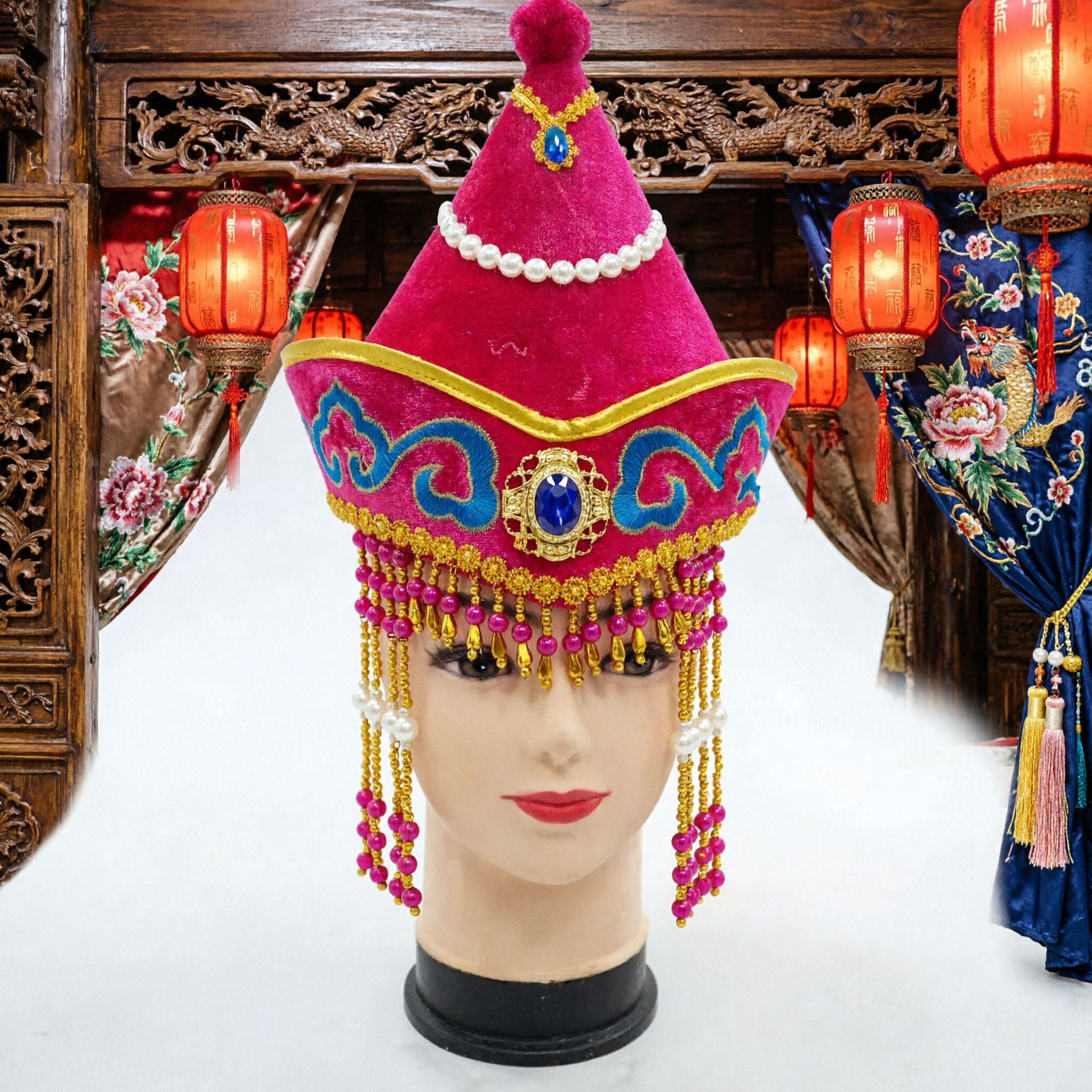 Traditioneel Chinese Mongoolse Etnische Danshoed Roze Podium Uitvoering Hoofdtooi met Kralen Franje voor Vrouwen - Asian Costume