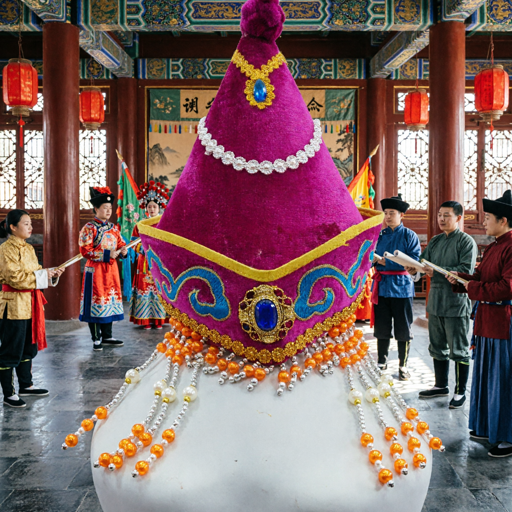 전통 몽골 공주 관 자색 벨벳 모자 진주와 구슬 장식 민속 무용 공연용 - Asian Costume