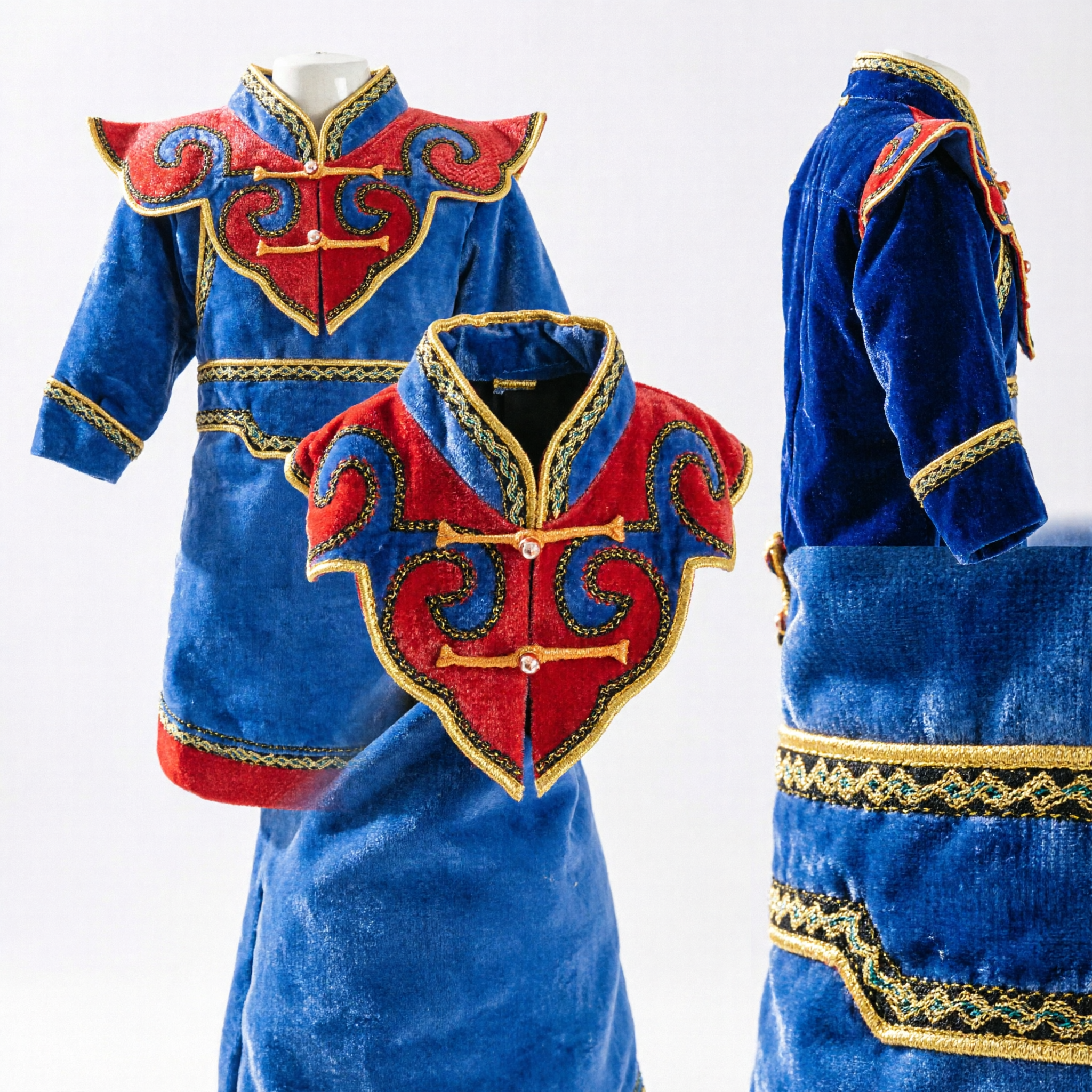 Traje de Dança Étnica Mongol Tradicional Chinês - Robe Azul e Vermelho para Crianças em Performance de Palco - Asian Costume