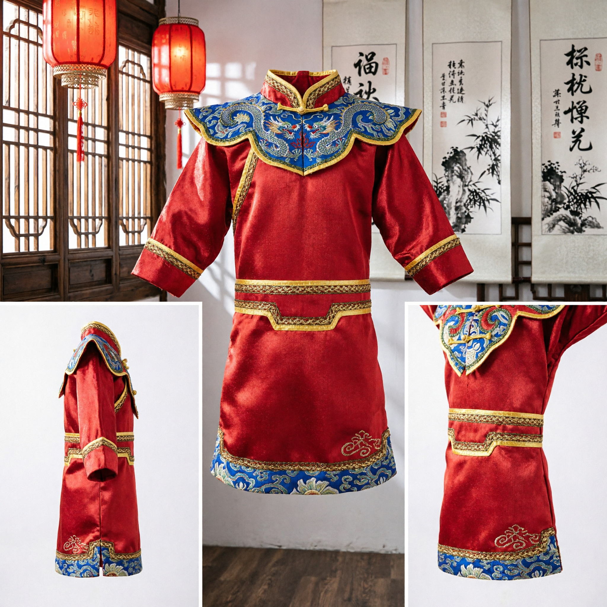 Traje de Bordado de Dragão Vermelho Tradicional Chinês para Crianças - Meninos e Meninas para Performance de Ópera em Festivais - Asian Costume