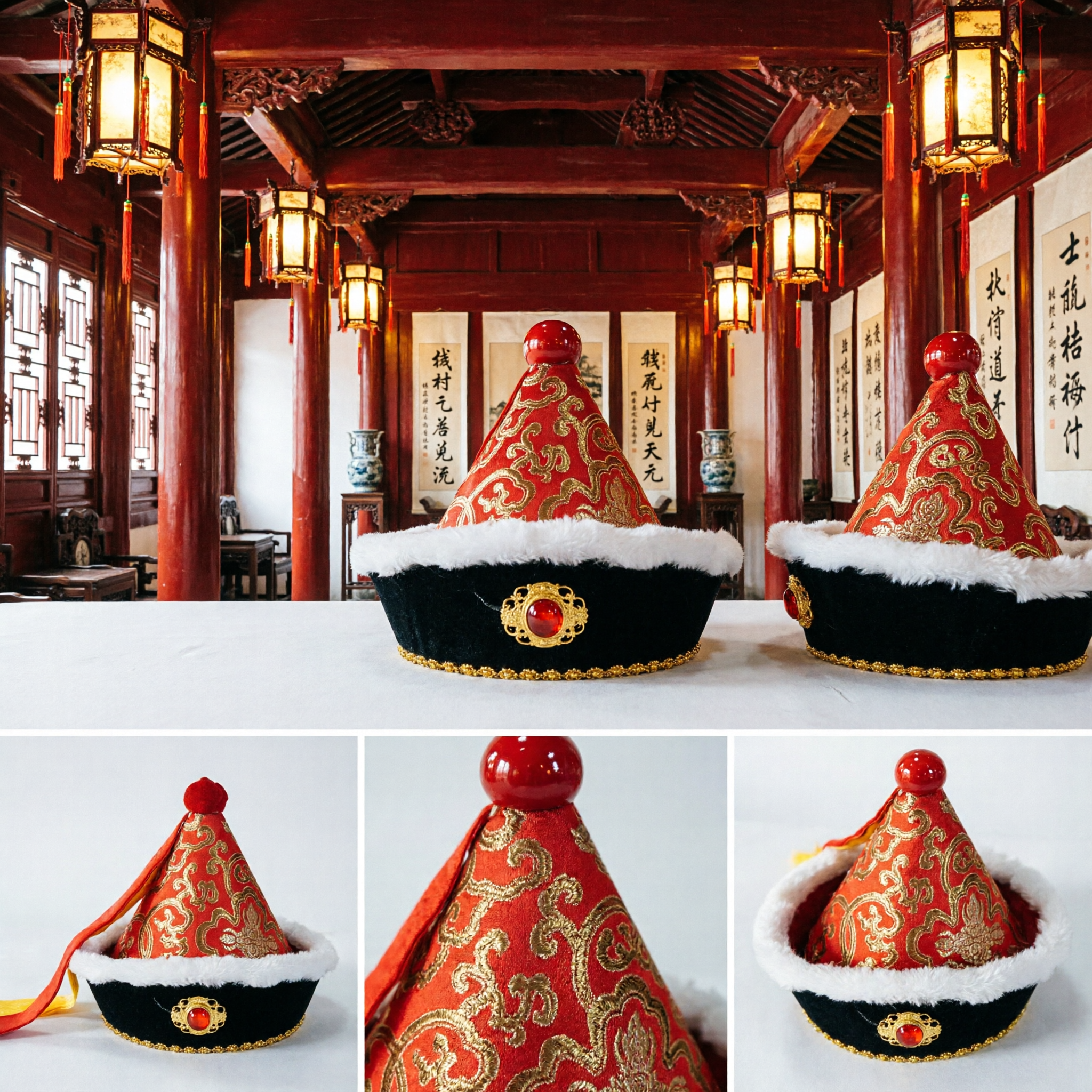Chapéu Cônico Vermelho Tradicional Chinês com Bordado Dourado e Aparas de Pele para Performance de Palco e Festivais Culturais - Asian Costume