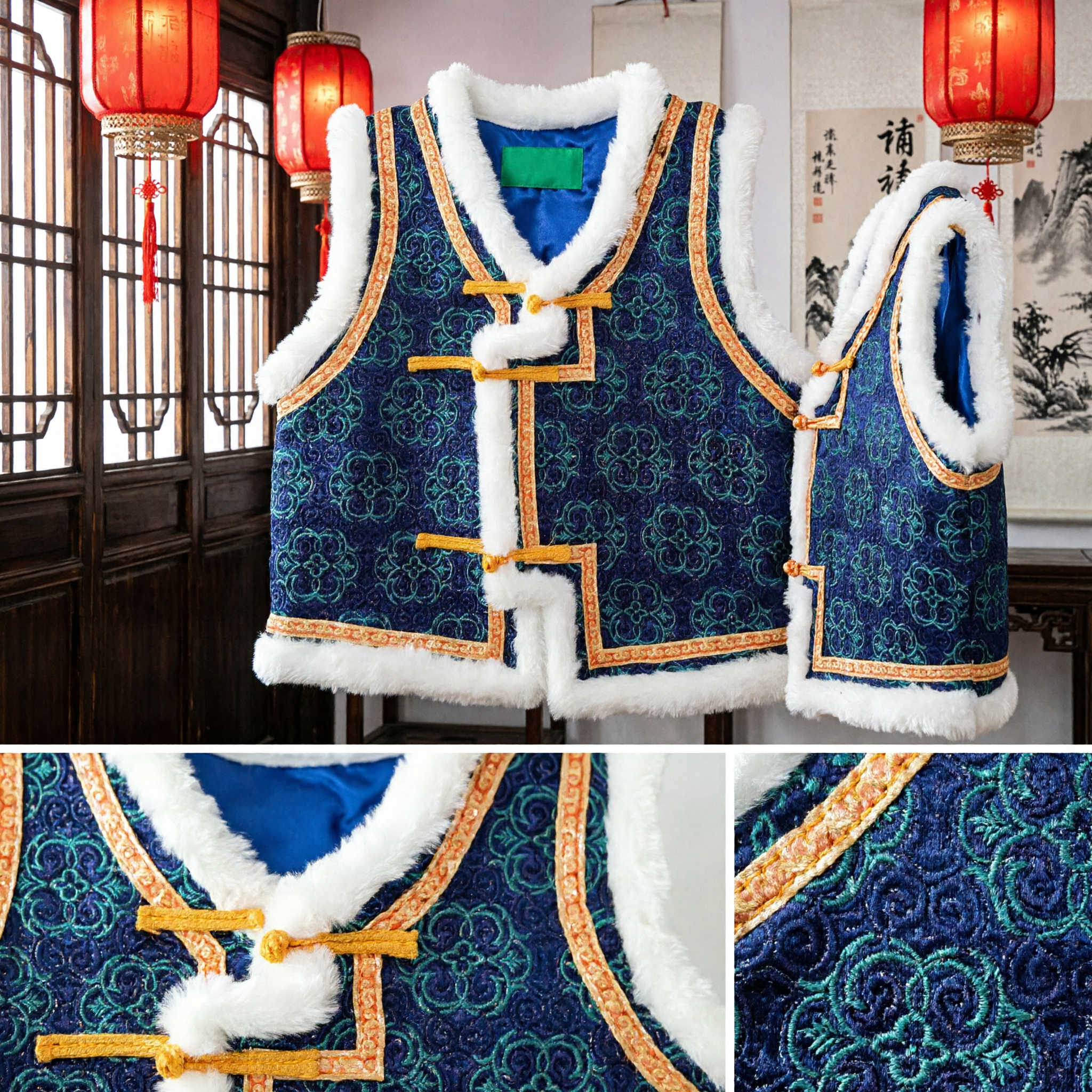 Traditioneel Chinese Blauwe Brokaat Vest voor Kinderen Winter Warm Mongoolse Stijl Etnische Dans Kostuum Gilet - Asian Costume