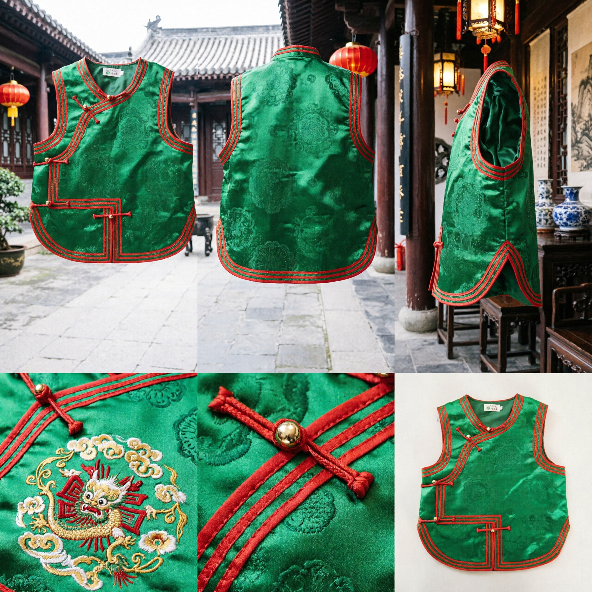 Gilet en brocart vert traditionnel chinois Tangzhuang pour enfants - Veste pour costume de danse folklorique de festival - Asian Costume