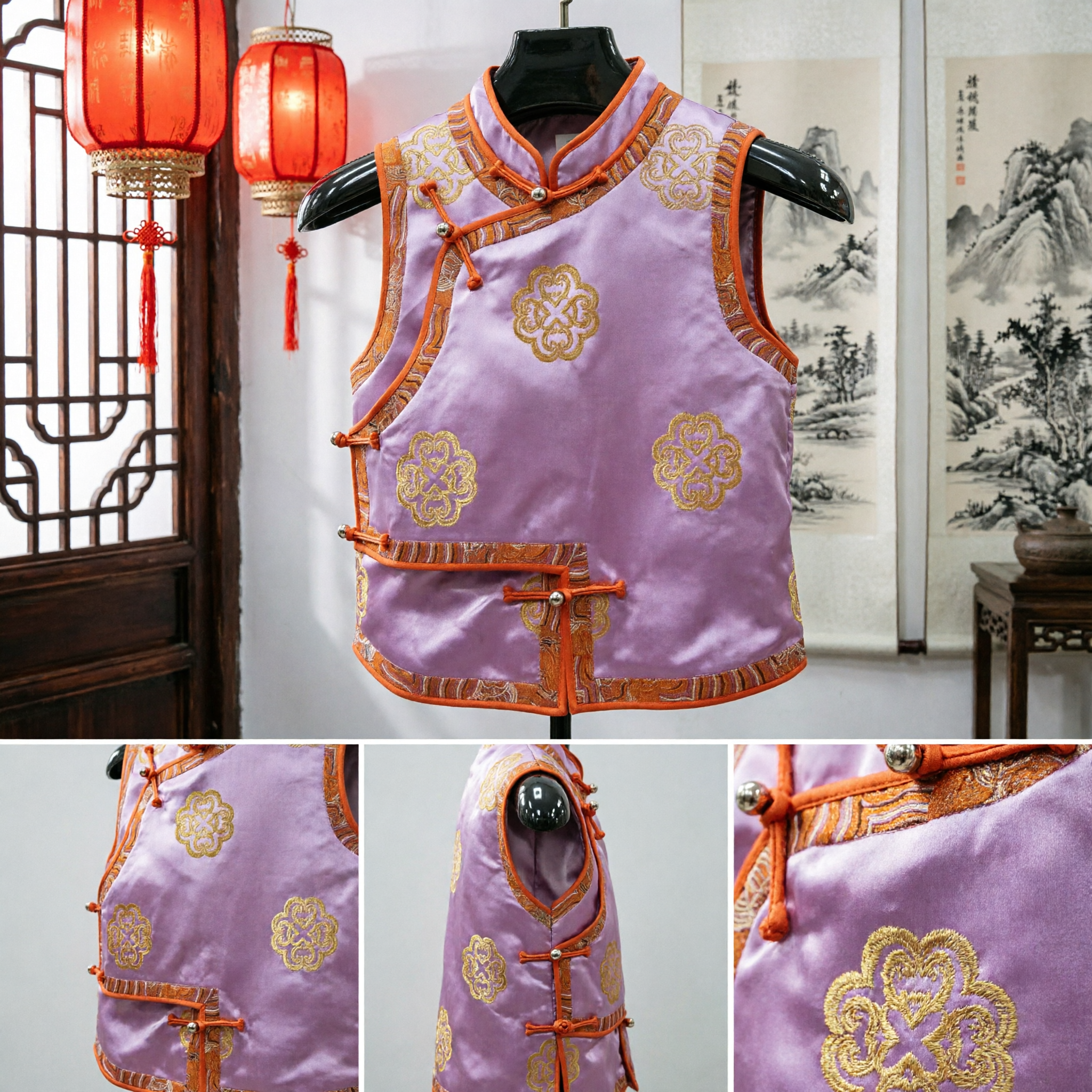 伝統的中国 子供用唐装ベスト シルクサテン刺繍胴着 新年婚礼祭礼用 - Asian Costume