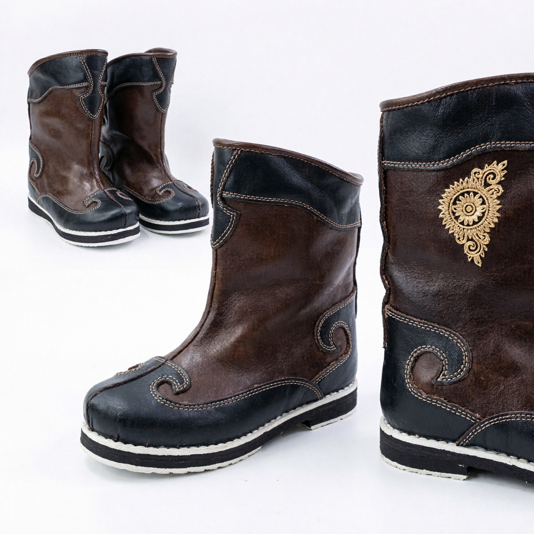 Bottes mongoles traditionnelles chinoises pour hommes en cuir marron - Chaussures de costume ethnique pour spectacles sur scène et cosplay - Asian Costume