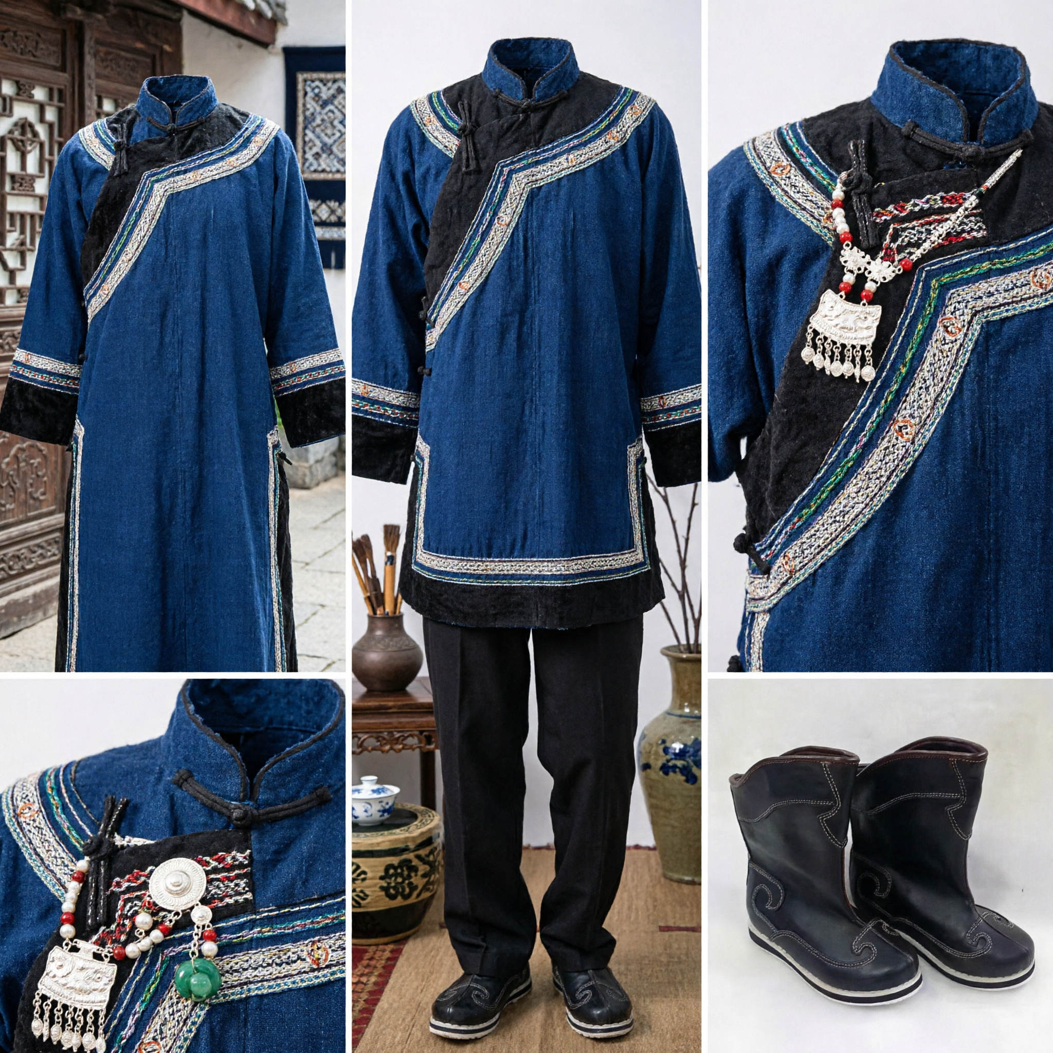 Bottes mongoles chinoises traditionnelles en cuir noir - Pour danse folklorique, Kung Fu et spectacles d'arts martiaux - Asian Costume