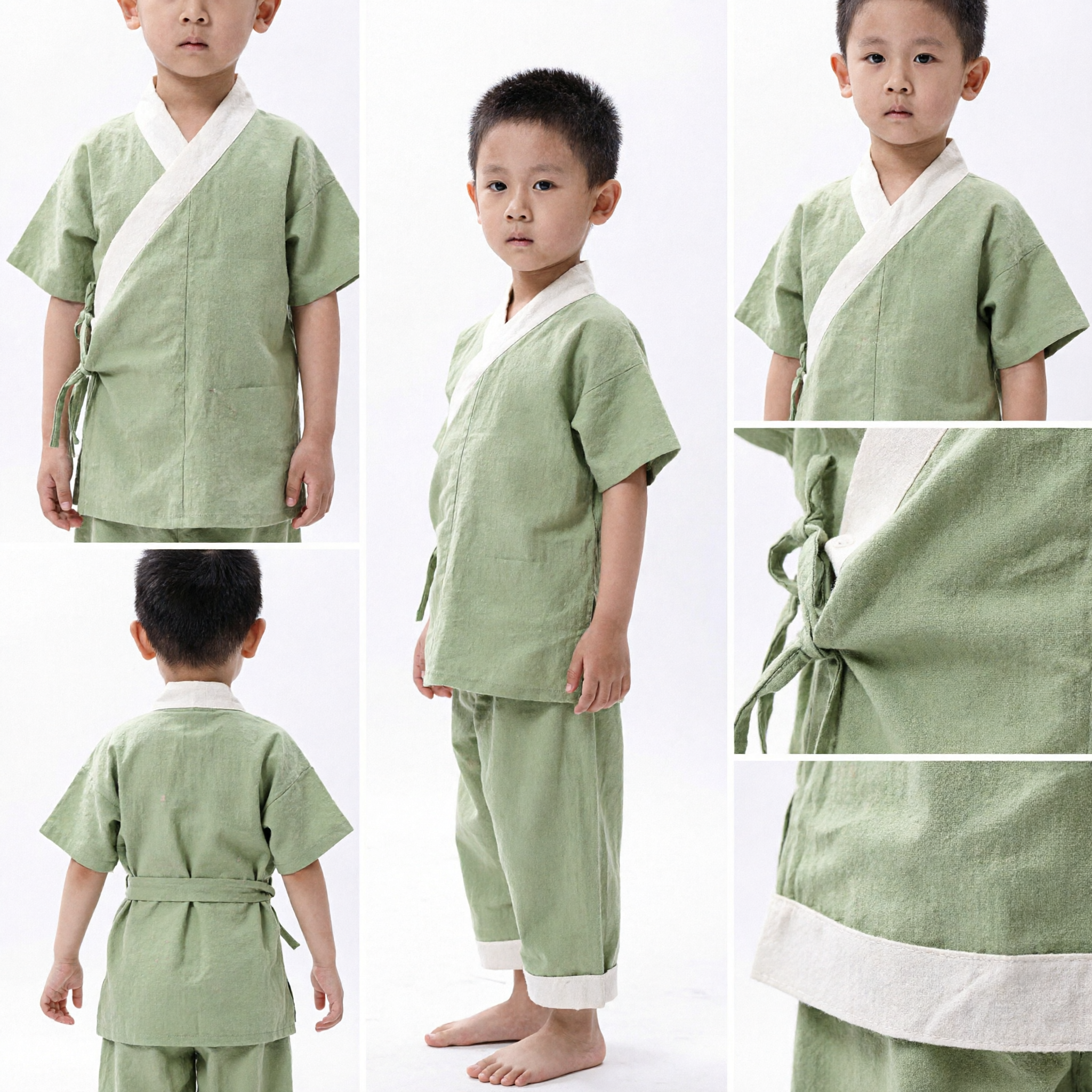Abito da Kung Fu Hanfu Tradizionale Cinese per Ragazzi, Costume per Arti Marziali in Lino e Cotone Verde, Abbigliamento Estivo per Bambini - Asian Costume