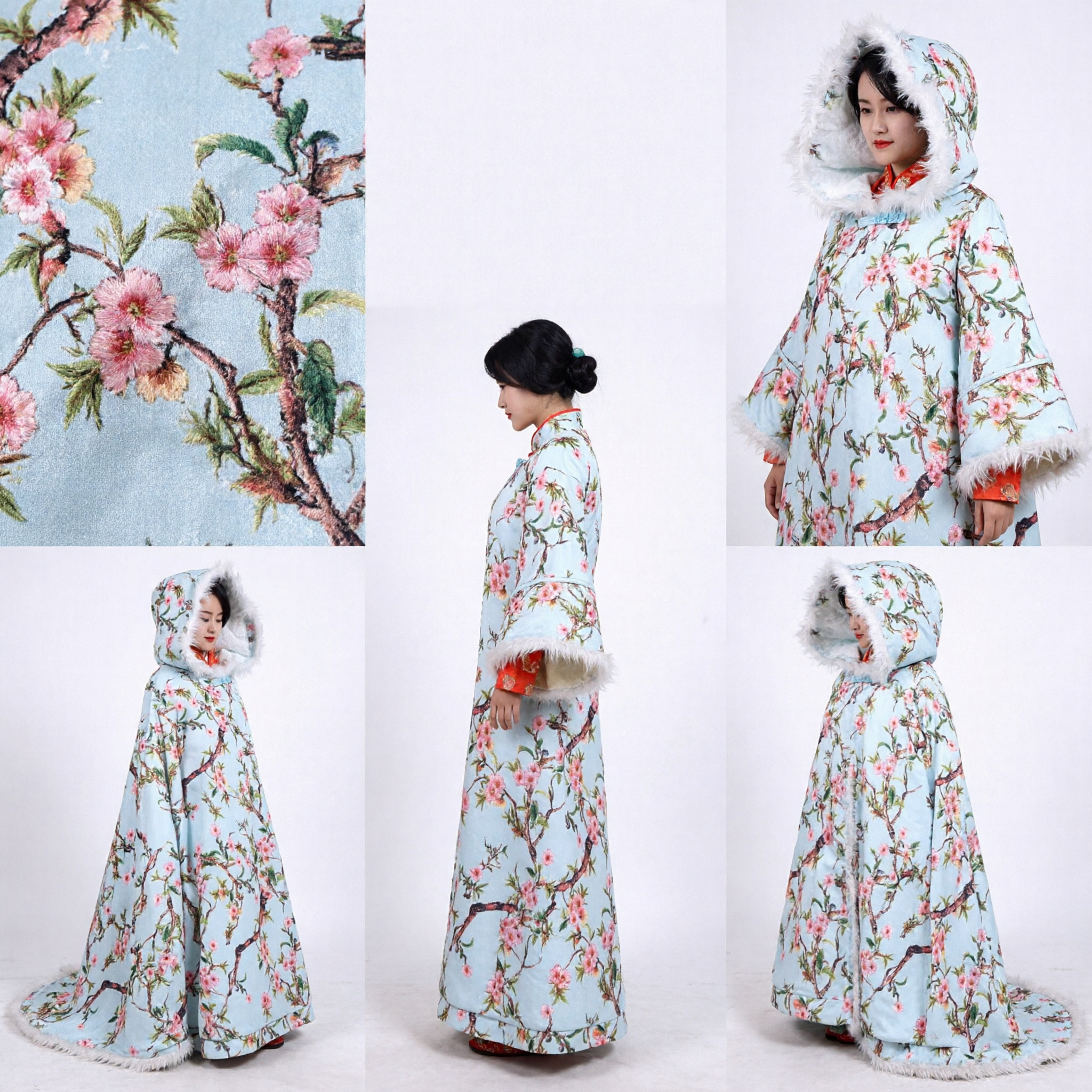 Manteau d'hiver Hanfu traditionnel chinois - Cape bleue à fleurs de prunier avec capuche en fourrure pour femmes - Asian Costume