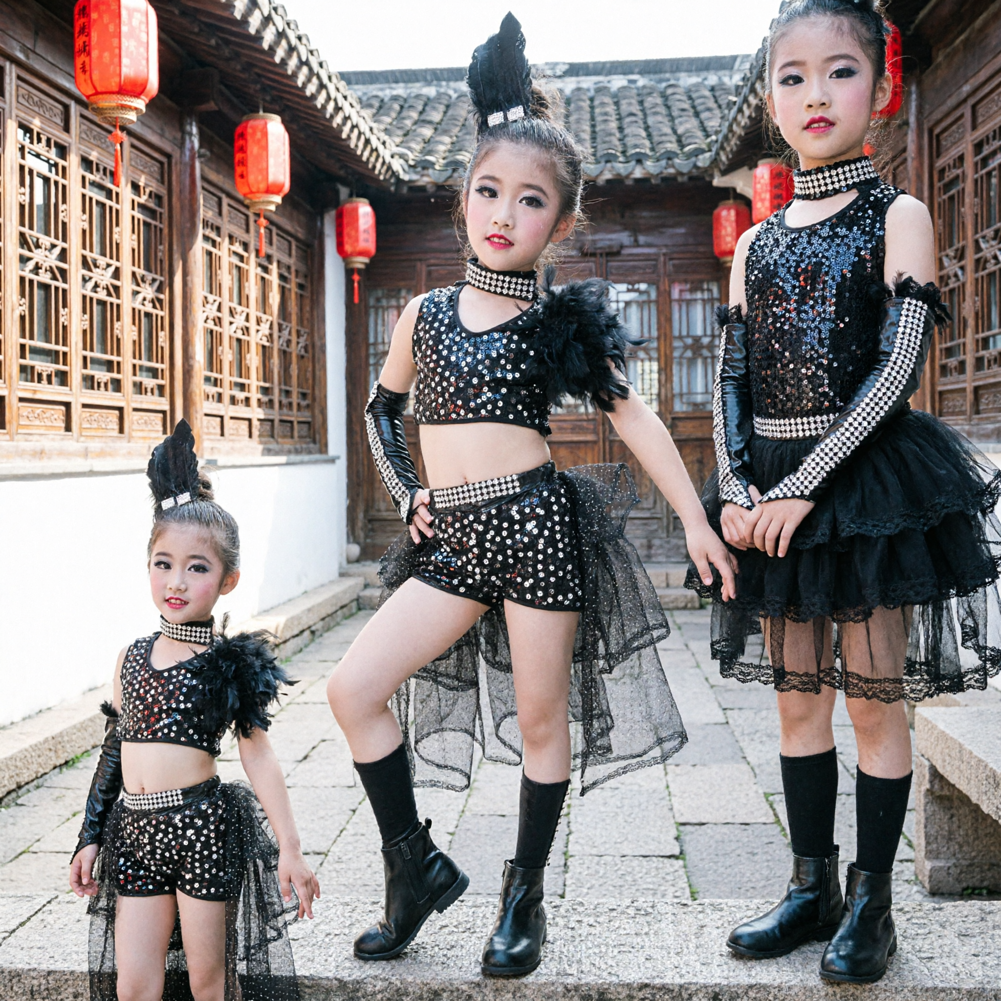 Meisjes Zwarte Sequin Jazz Danskostuum met Tule Rok en Veren voor Kinderen Podiumoptreden - Asian Costume