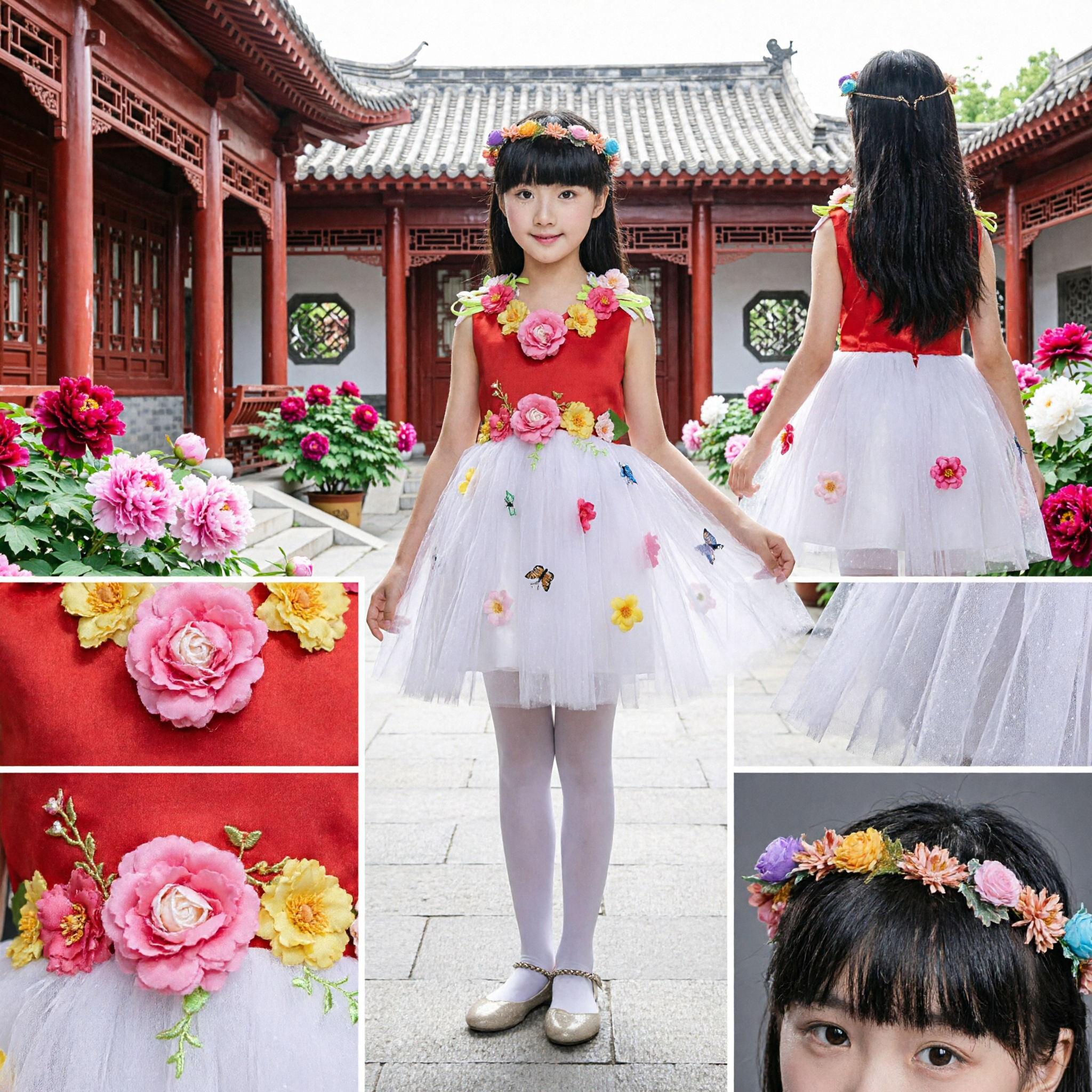 女児用 赤フローラルボディス 白チュールチュチュスカート 舞台パフォーマンスドレス ダンス発表会と合唱用 - Asian Costume
