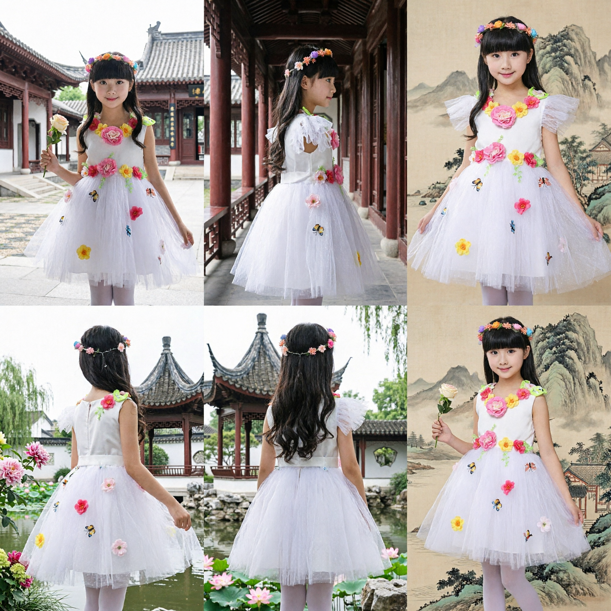 Weißes Blumen-Tutukleid für Mädchen mit Schmetterlingsstickerei für Tanzaufführung und Bühnenkostüm - Asian Costume
