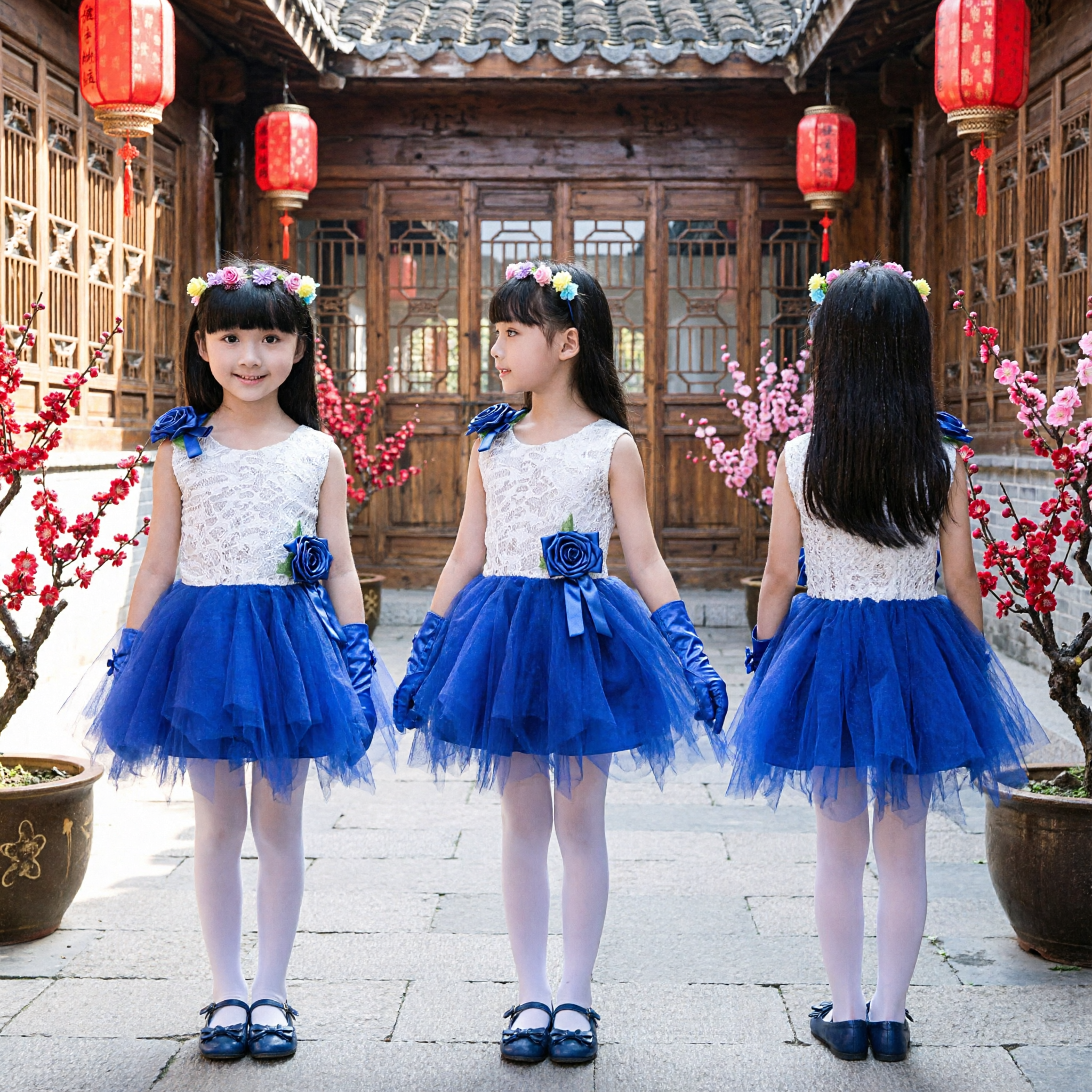 Blaues und weißes Spitzen-Tutukleid für Mädchen Blumenmädchen Party Schönheitswettbewerb Aufführungskostüm mit Handschuhen - Asian Costume