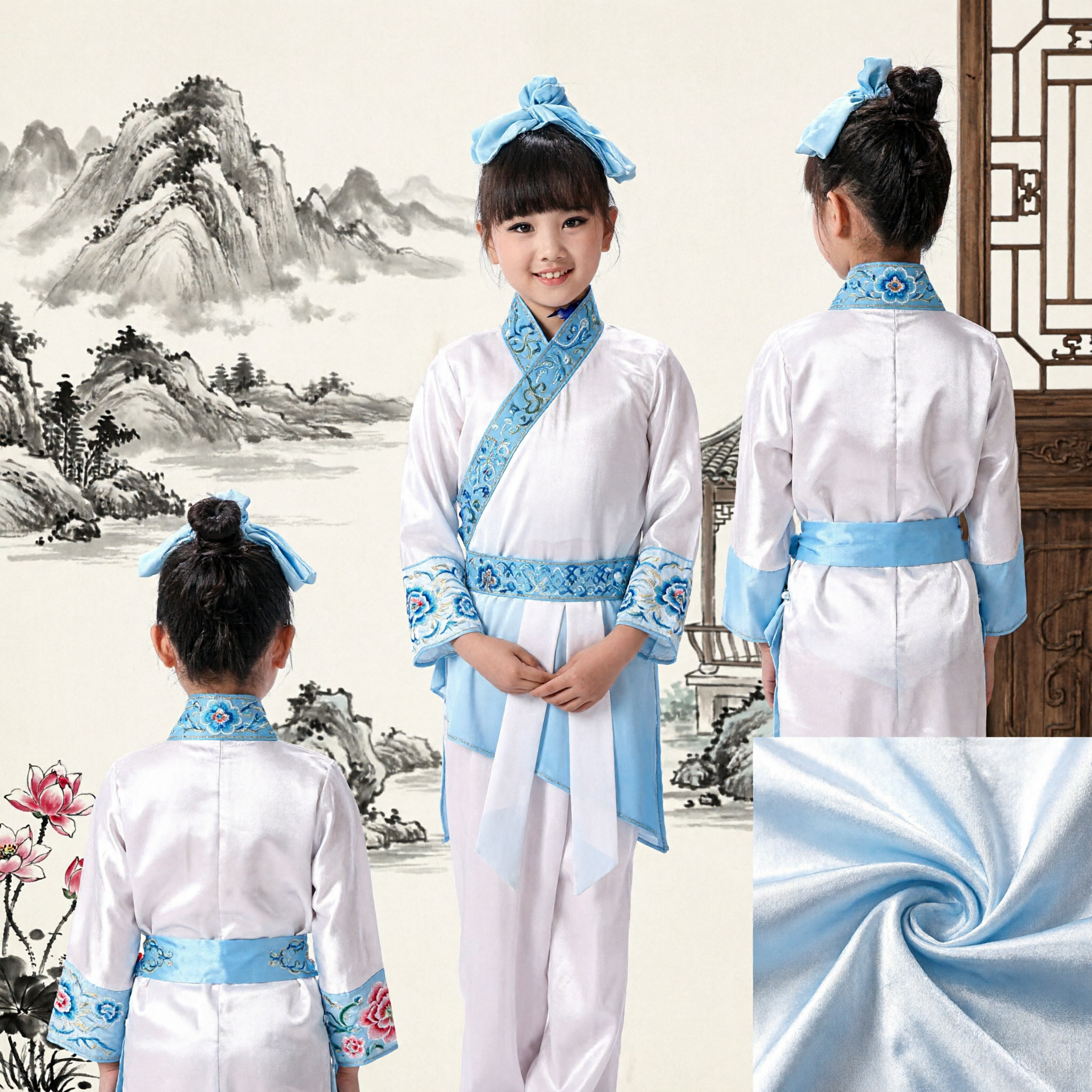 Costume Tradizionale Cinese Hanfu per Bambini Blu e Bianco, Abito da Antico Studioso per Danza ed Esibizioni - Asian Costume