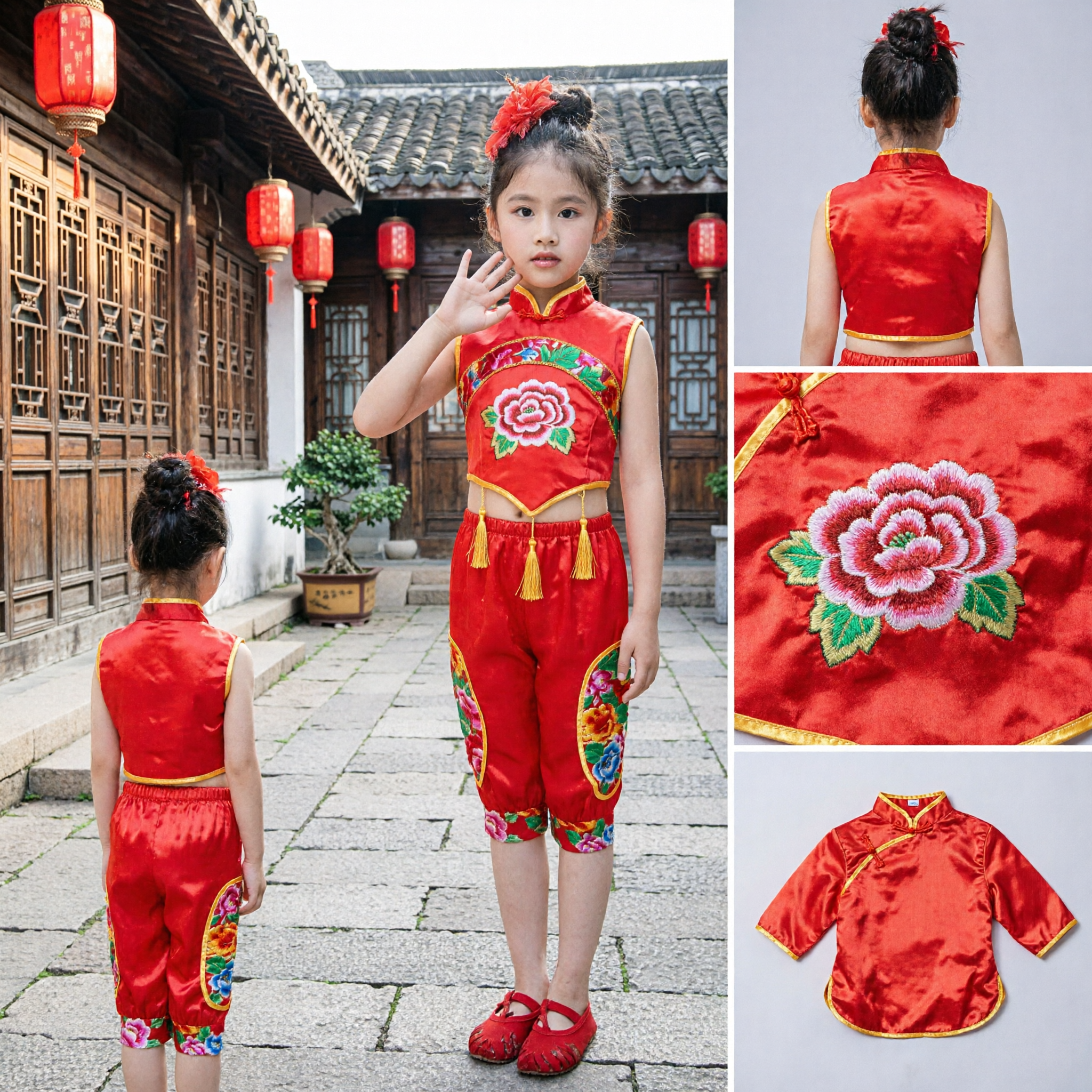 Tradycyjny Chiński Kostium Taneczny dla Dzieci, Czerwony Zestaw Cheongsam z Wyszywanym Kwiatowym Wzorem dla Dziewczynek na Występ Ludowy - Asian Costume