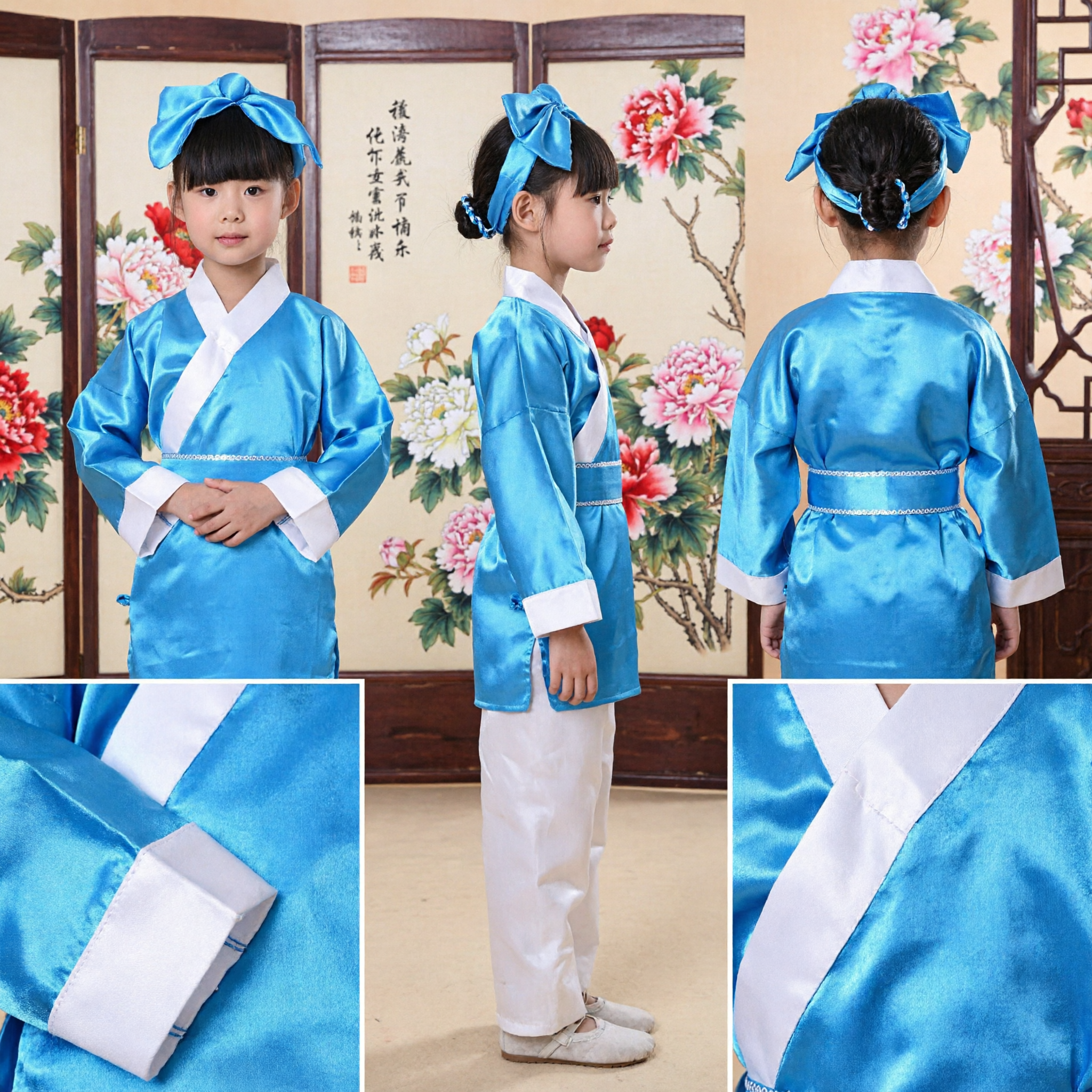 Traje Tradicional Coreano Hanbok para Crianças, Conjunto Jeogori Azul e Calças Brancas para Meninas, Performance de Dança Cultural - Asian Costume
