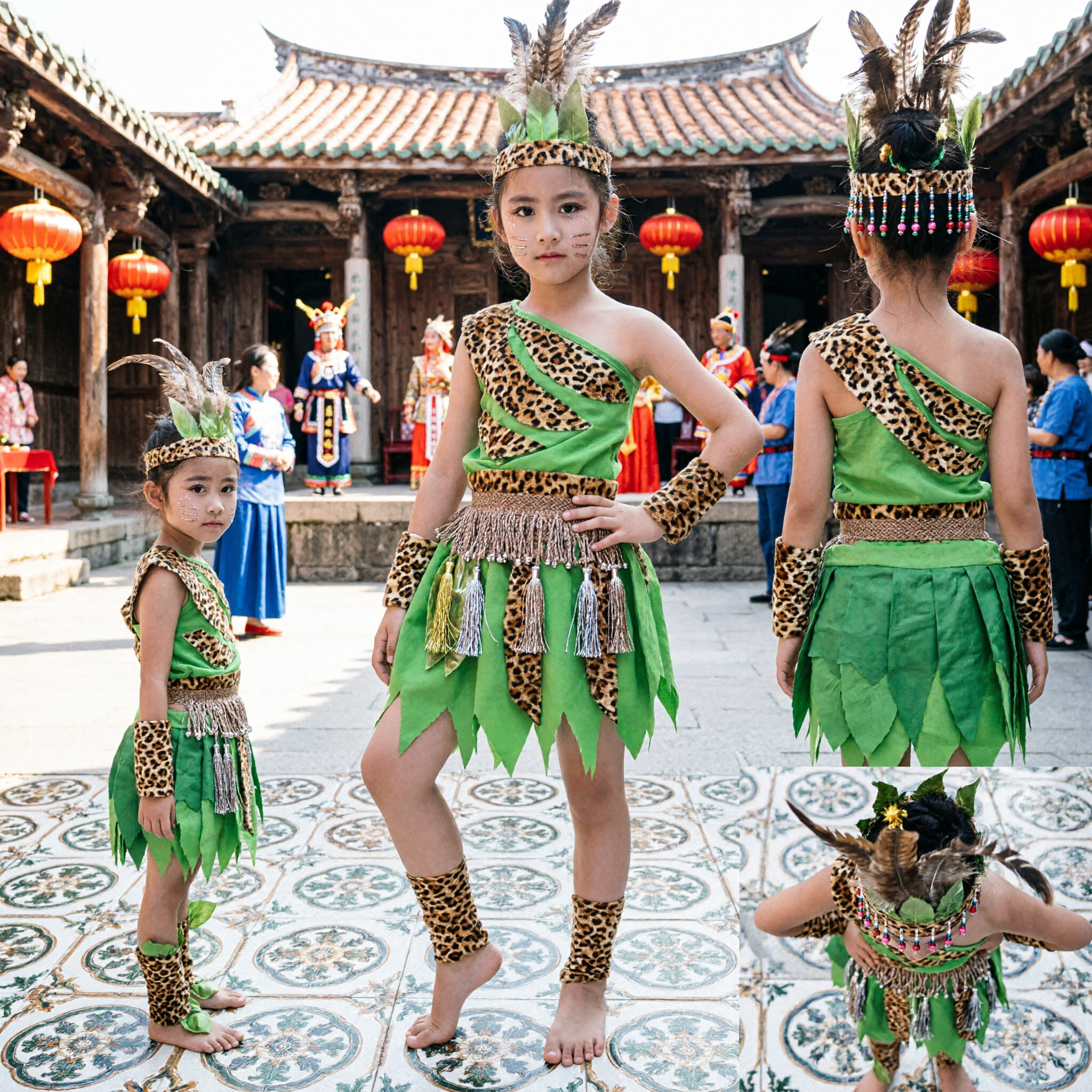 Zielony Kostium Taneczny w Safari z Wzorem Lamparta dla Dziewczynek, Zwierzęcy Strój na Występ Sceniczny dla Dzieci - Asian Costume