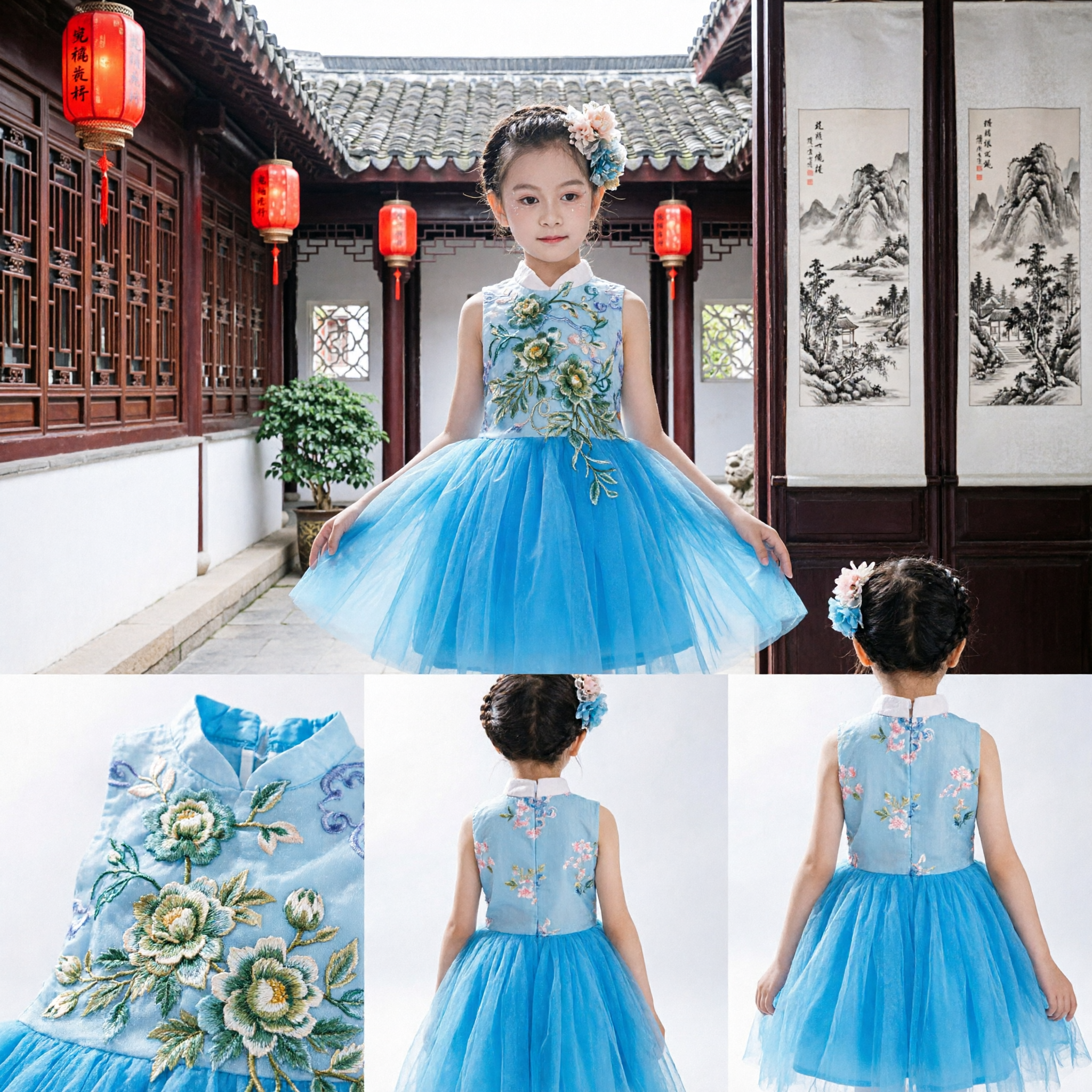 Vestito Cheongsam Blu Cinese per Bambine, Qipao Tradizionale con Gonna in Tulle Ricamata per Feste e Spettacoli - Asian Costume