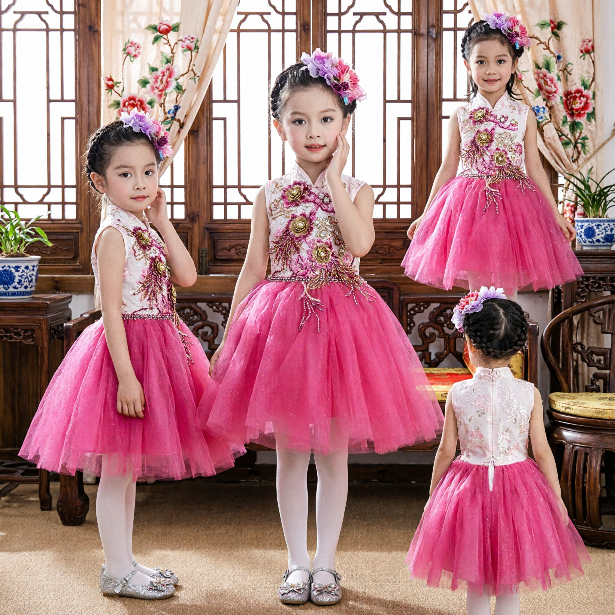 Vestito Cheongsam Rosa Tradizionale Cinese per Ragazze, Ricamo Floreale e Gonna in Tulle per Spettacoli - Asian Costume