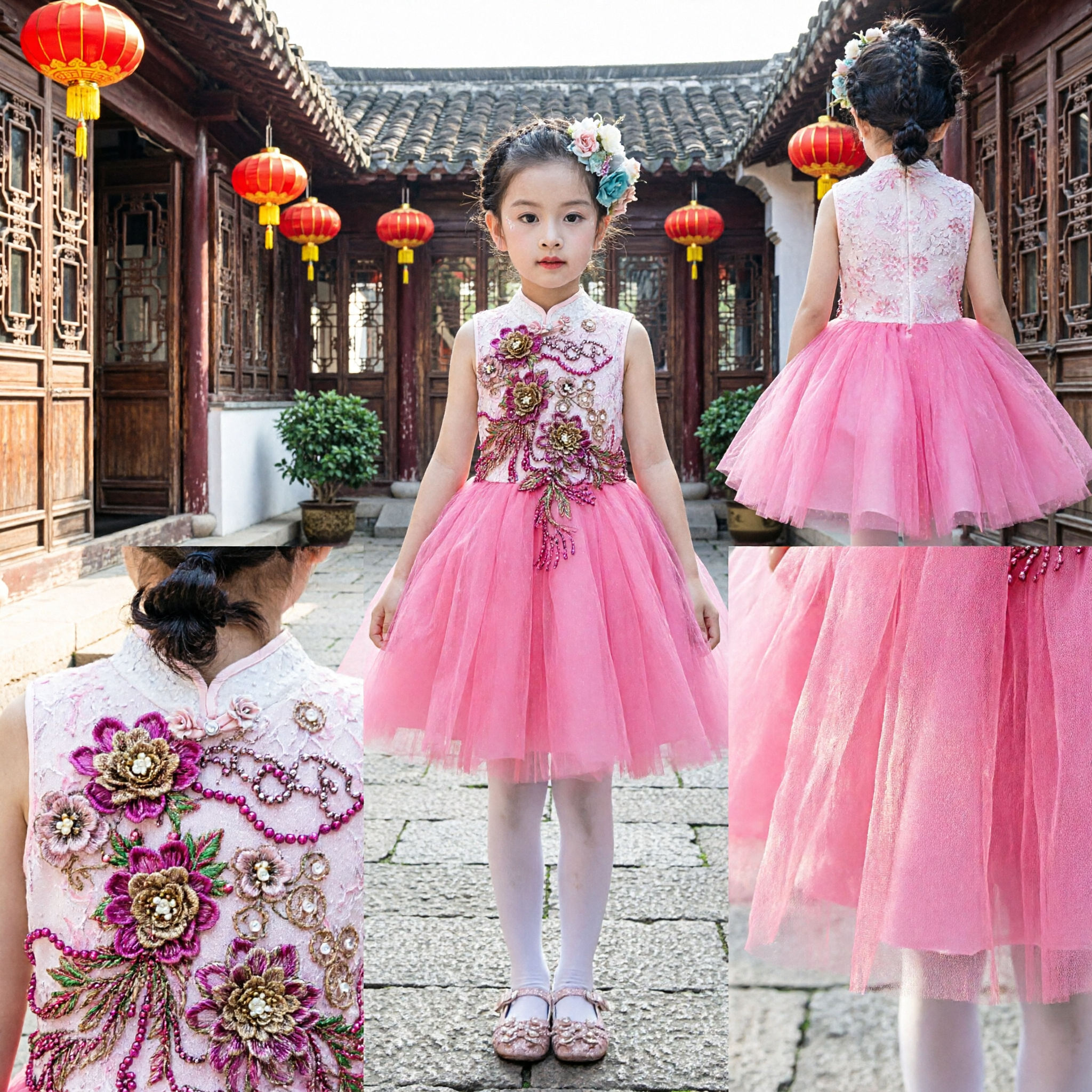 Meisjes Roze Traditionele Chinese Cheongsam Jurken met Bloemenborduursel Lijfje en Tule Rok voor Bruiloften - Asian Costume