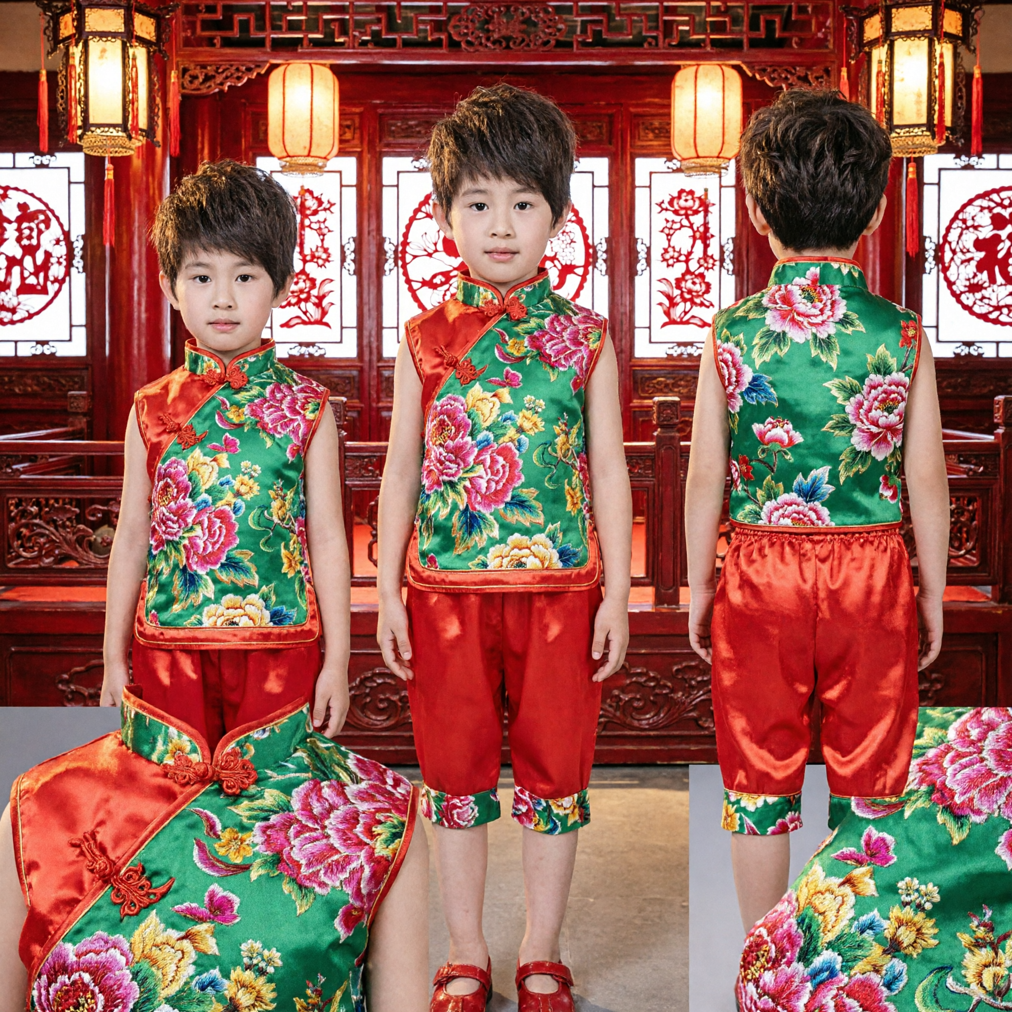 Conjunto Tradicional Chinês para Meninos Crianças, Colete Floral e Calças Vermelhas, Traje de Performance de Dança Folclórica - Asian Costume