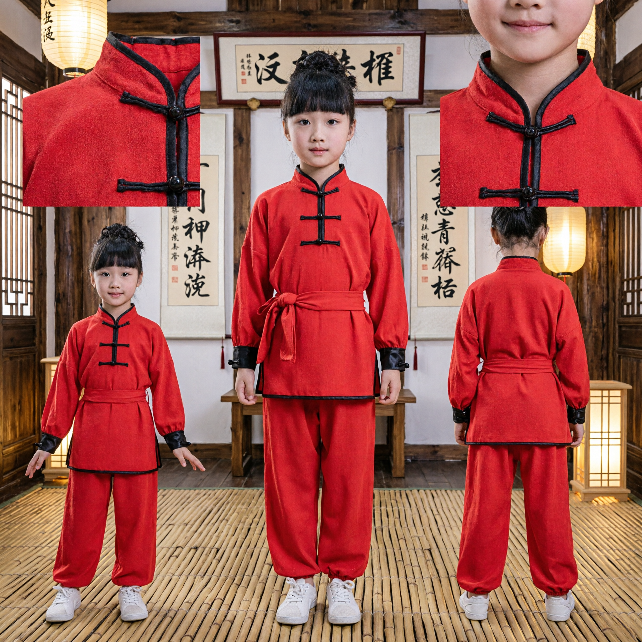 Divisa Tradizionale Cinese per Kung Fu Rossa, Costume per Arti Marziali Wushu o Tai Chi per Bambini e Ragazze - Asian Costume