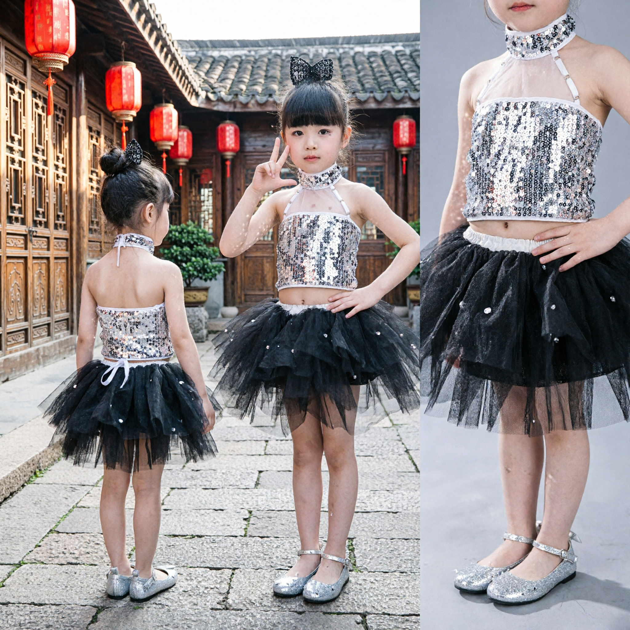 Meisjes Zilveren Glitter Jazz Danskostuum Zwarte Tutu Rok Set Kinderen Podiumoptreden Outfit Kleding - Asian Costume