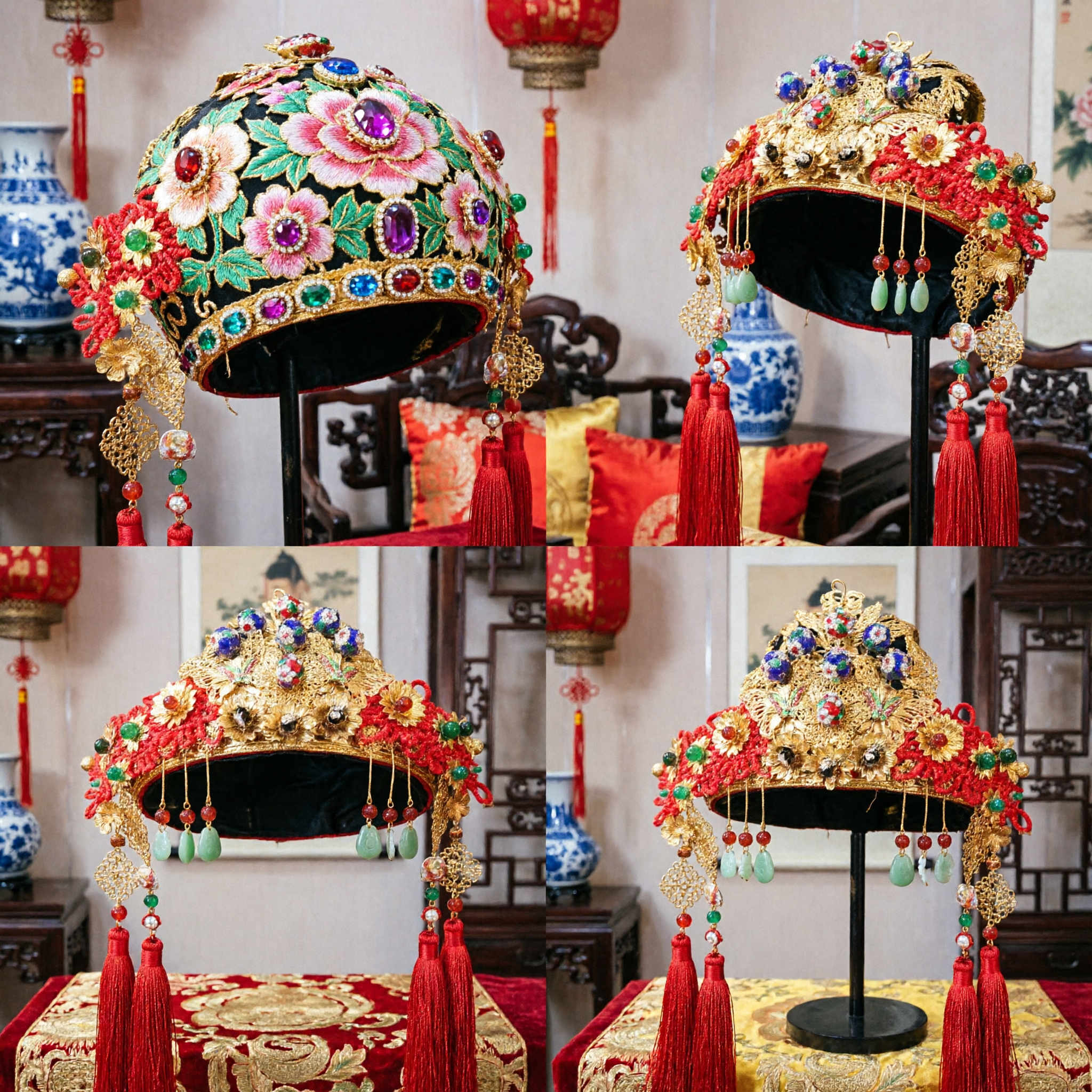 Exquisites traditionelles chinesisches Hochzeits-Phönix-Krone Goldener Haarschmuck mit roten Quasten für Braut-Hanfu - Asian Costume
