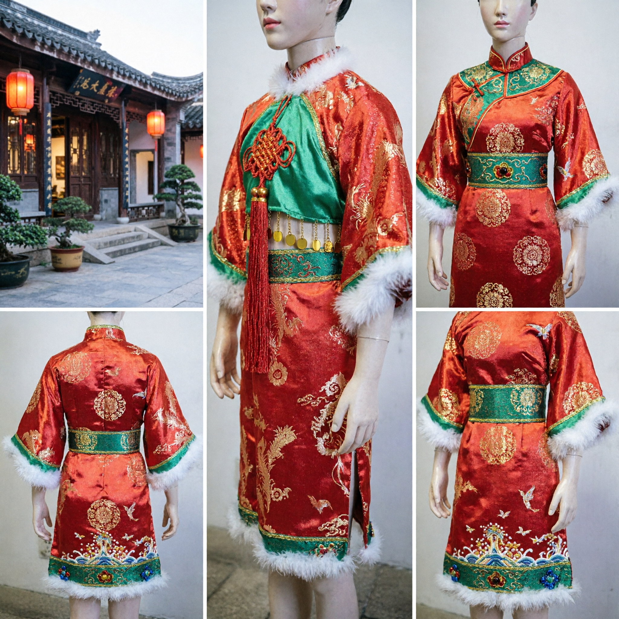 Abito Tradizionale Cinese Invernale per Bambini, Completo in Broccato Rosso e Verde con Bordo in Pelliccia per il Capodanno Lunare - Asian Costume