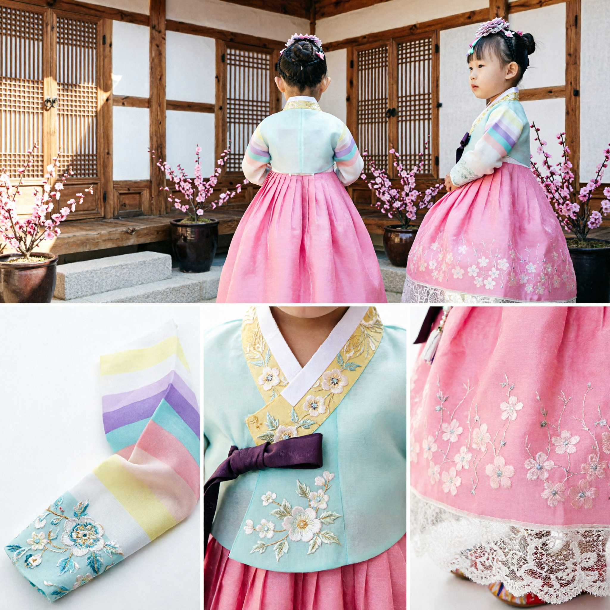 Traditioneel Koreaans Hanbok-jurk voor Meisjes Roze Chima Regenboog Jeogori voor Dol Verjaardag Bruiloft - Asian Costume