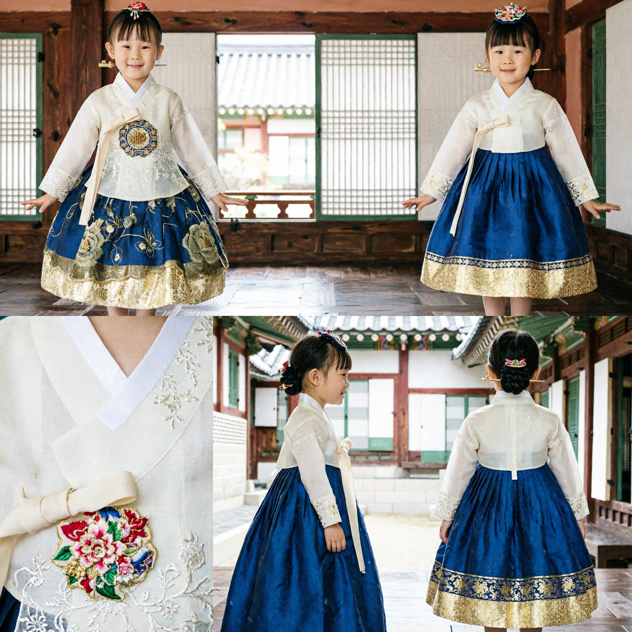 Hanbok traditionnel coréen pour filles, robe brodée bleue et or à motifs floraux, costume formel pour mariage et anniversaire - Asian Costume