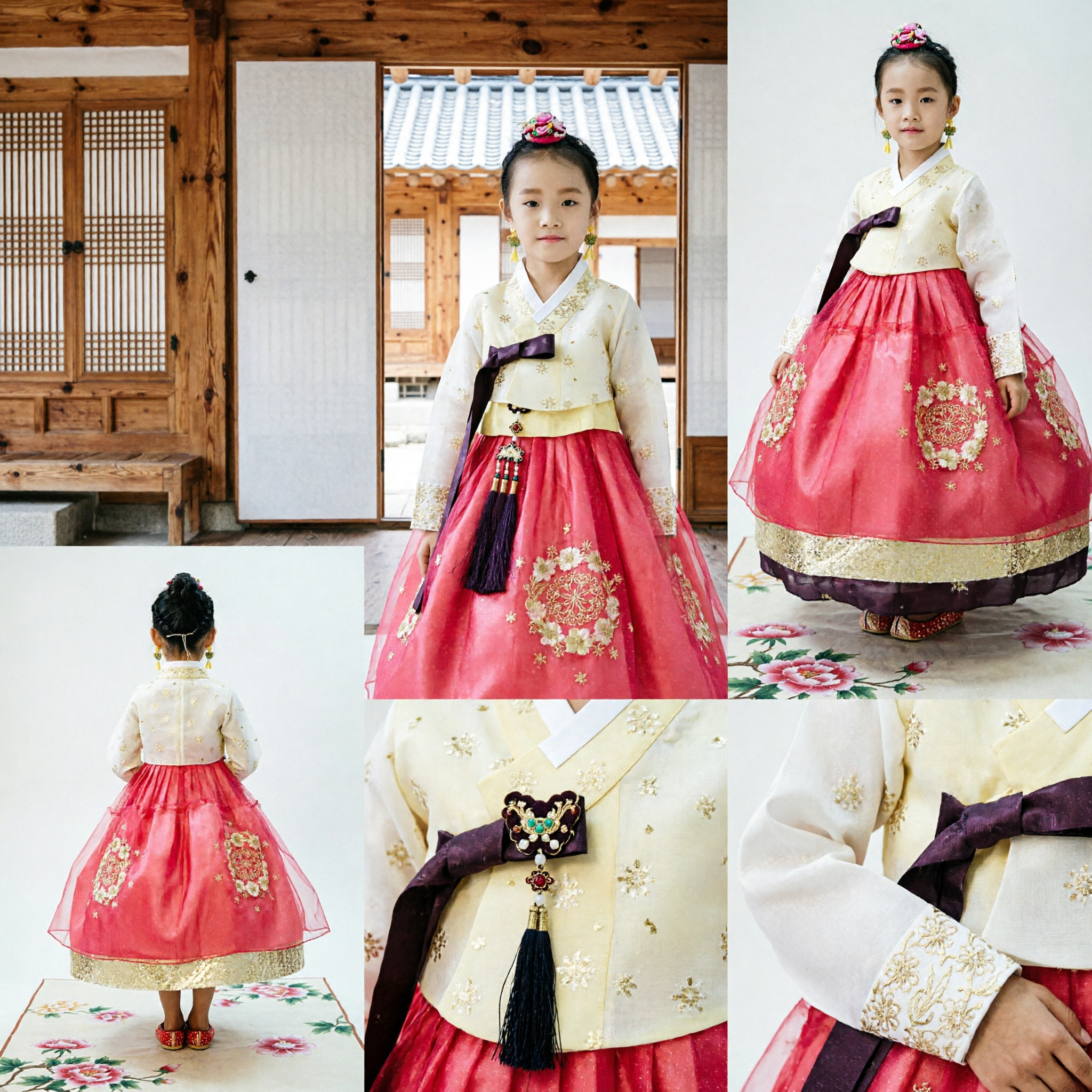 Hanbok Tradicional Coreano para Niñas Vestido Rosa y Dorado con Bordado Traje Formal Infantil para Fiestas - Asian Costume