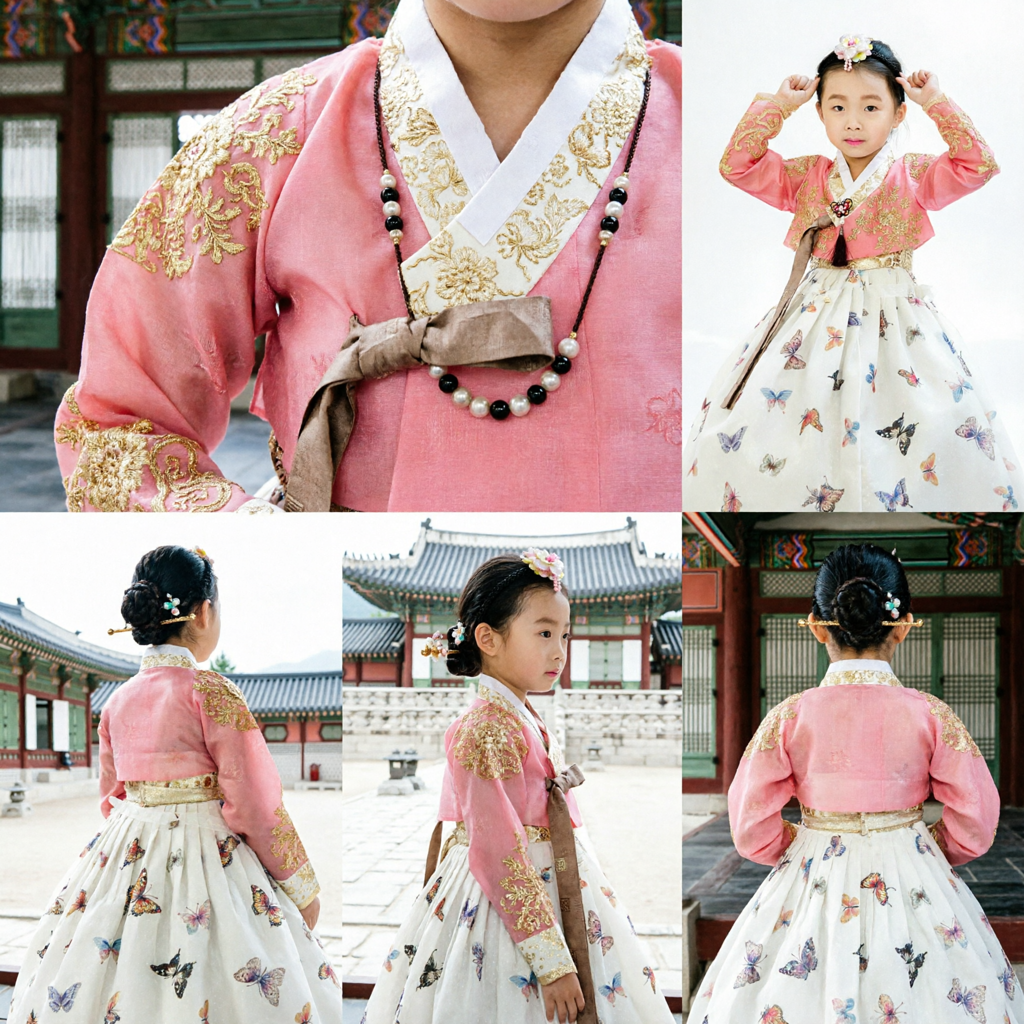 Hanbok Tradicional Coreano para Niñas Top Rosa Bordado Falda con Estampado de Mariposas Traje Infantil para Festivales - Asian Costume
