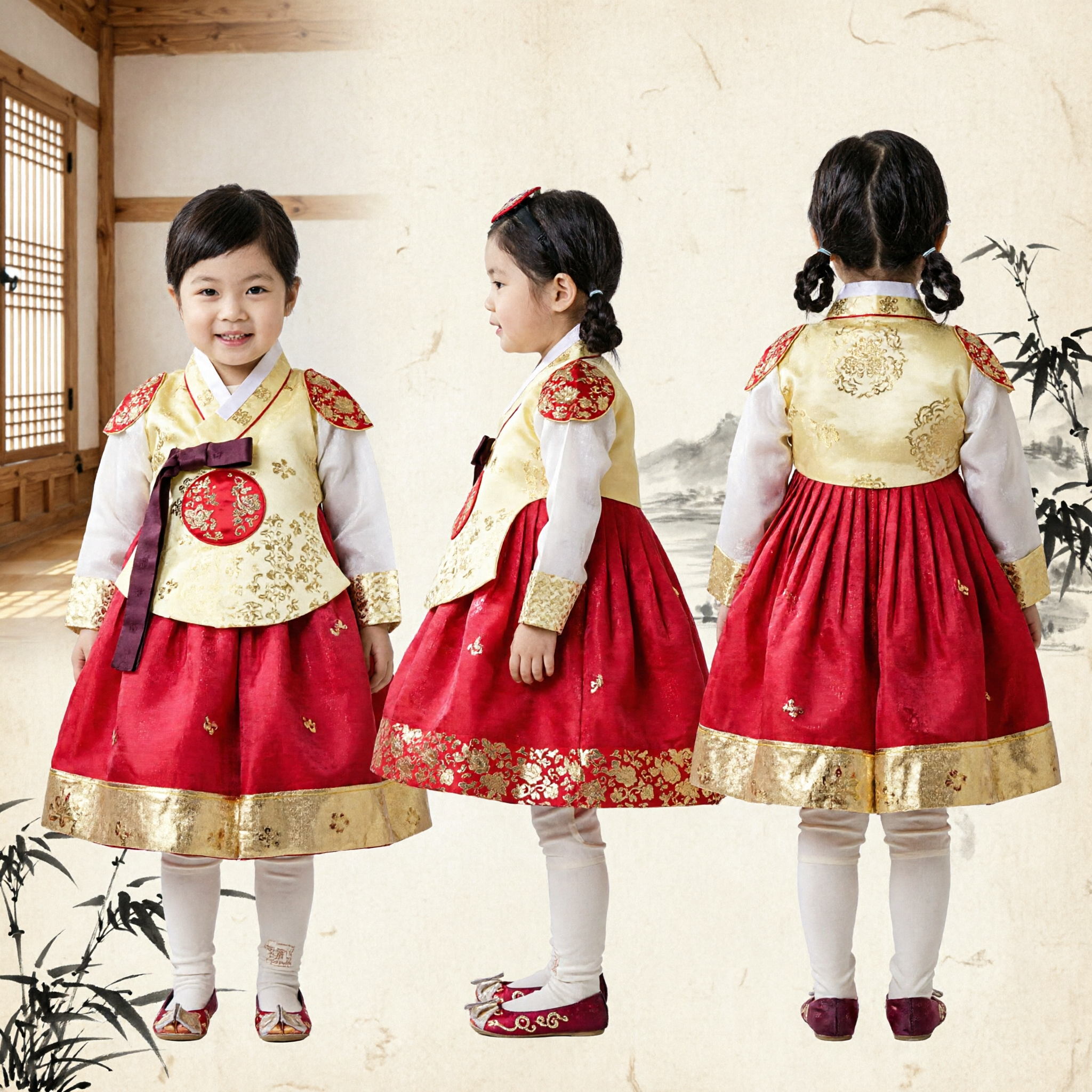 Conjunto de Traje Tradicional Coreano Hanbok para Niñas Amarillo y Rojo para Bodas, Cumpleaños y Celebraciones Festivas - Asian Costume