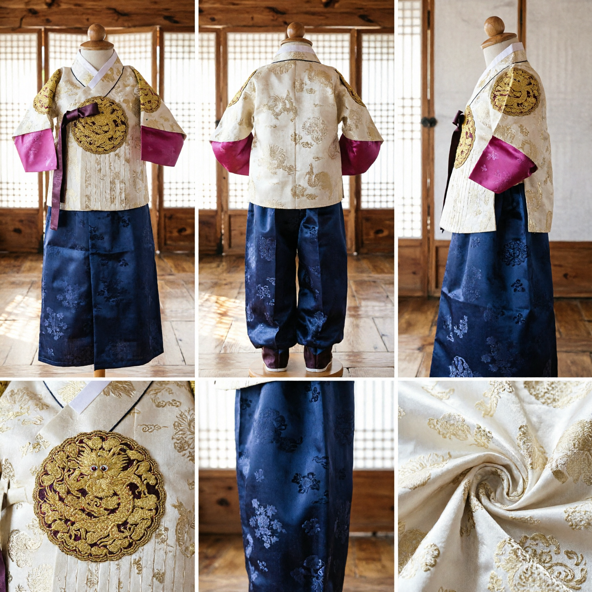 Traditioneel Koreaans Hanbok voor Jongens Goud Draak Geborduurde Top en Marineblauwe Broek voor Bruiloftsceremonie - Asian Costume