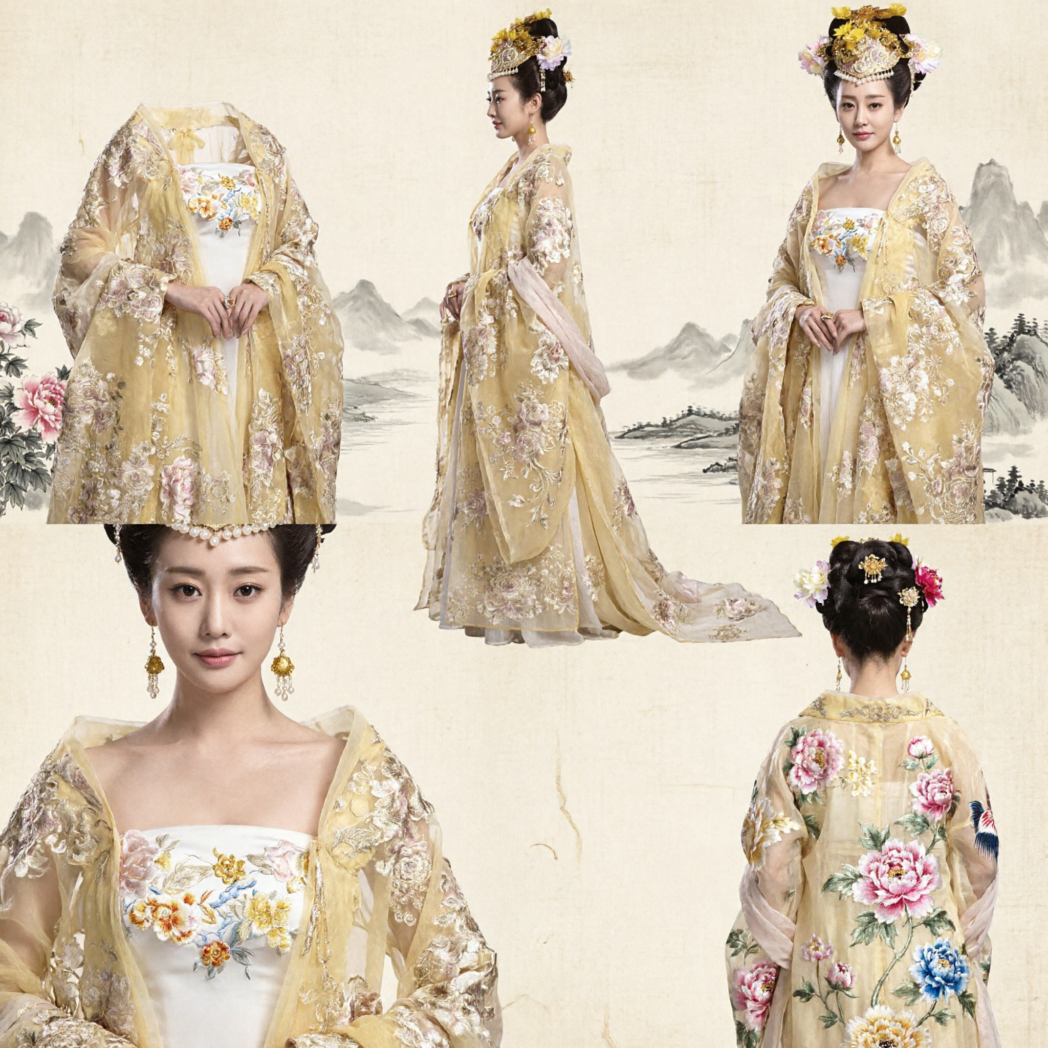 Elegante Traje de Princesa de la Dinastía Tang Hanfu Tradicional Chino Amarillo con Bordado Floral para Mujer para Actuaciones en Escenario - Asian Costume