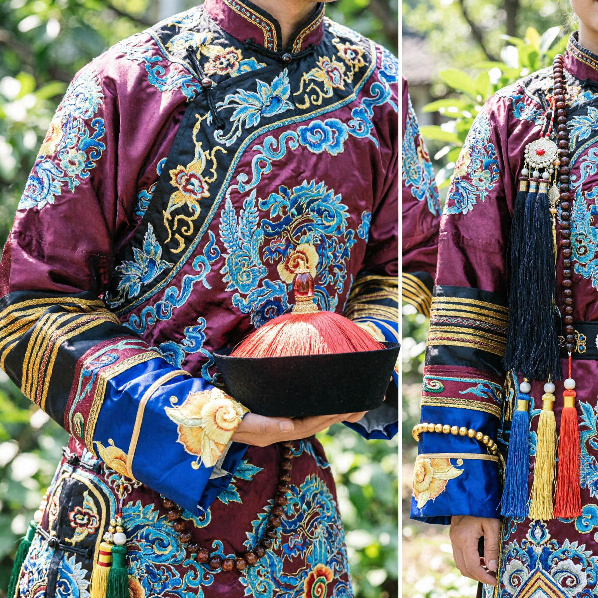 Tradycyjne chińskie cesarskie nakrycie głowy z dynastii Qing z czerwonymi chwastami, czarny rondo, historyczny dodatek do stroju dla mężczyzn - Asian Costume