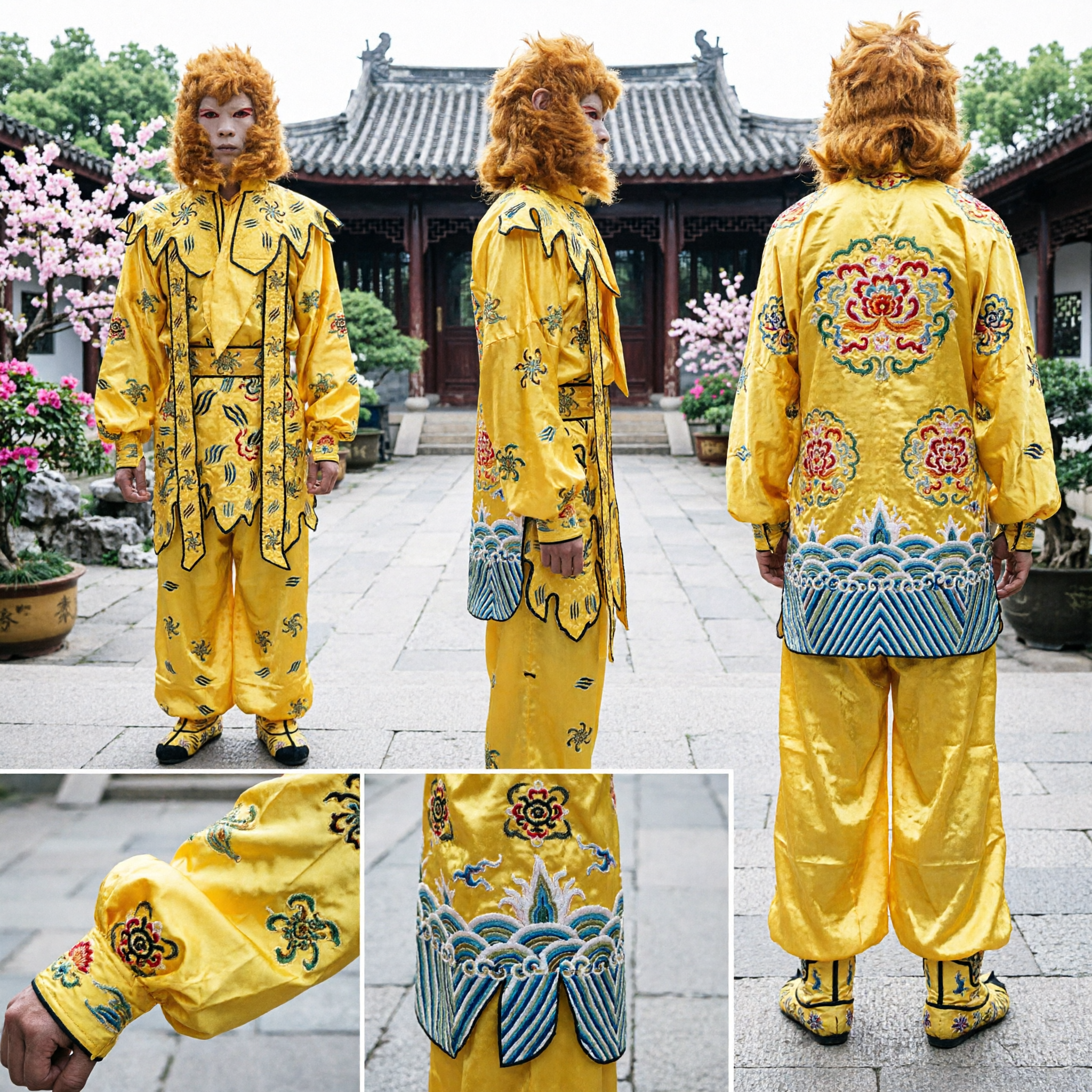 Costume traditionnel chinois du Roi Singe, tenue Sun Wukong jaune de kung-fu avec masque pour cosplay et spectacle scénique - Asian Costume