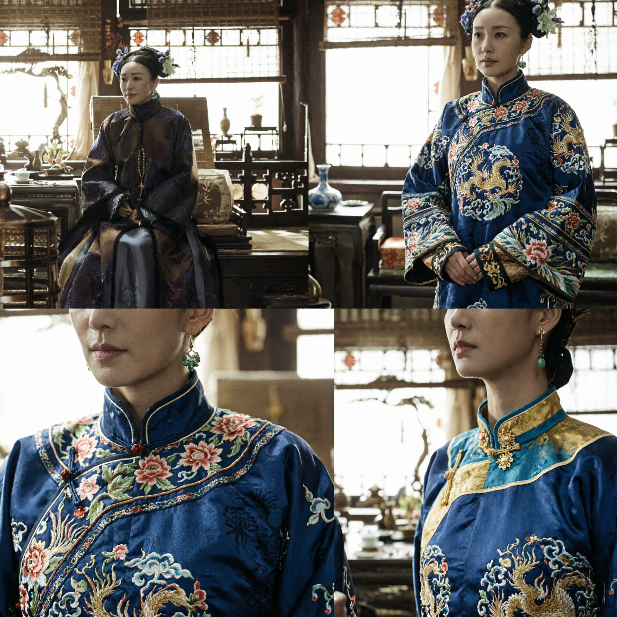 Traje de Mujer Noble de la Dinastía Qing Tradicional China Túnica Azul Oscuro Bordada para Mujer Cosplay Histórico - Asian Costume