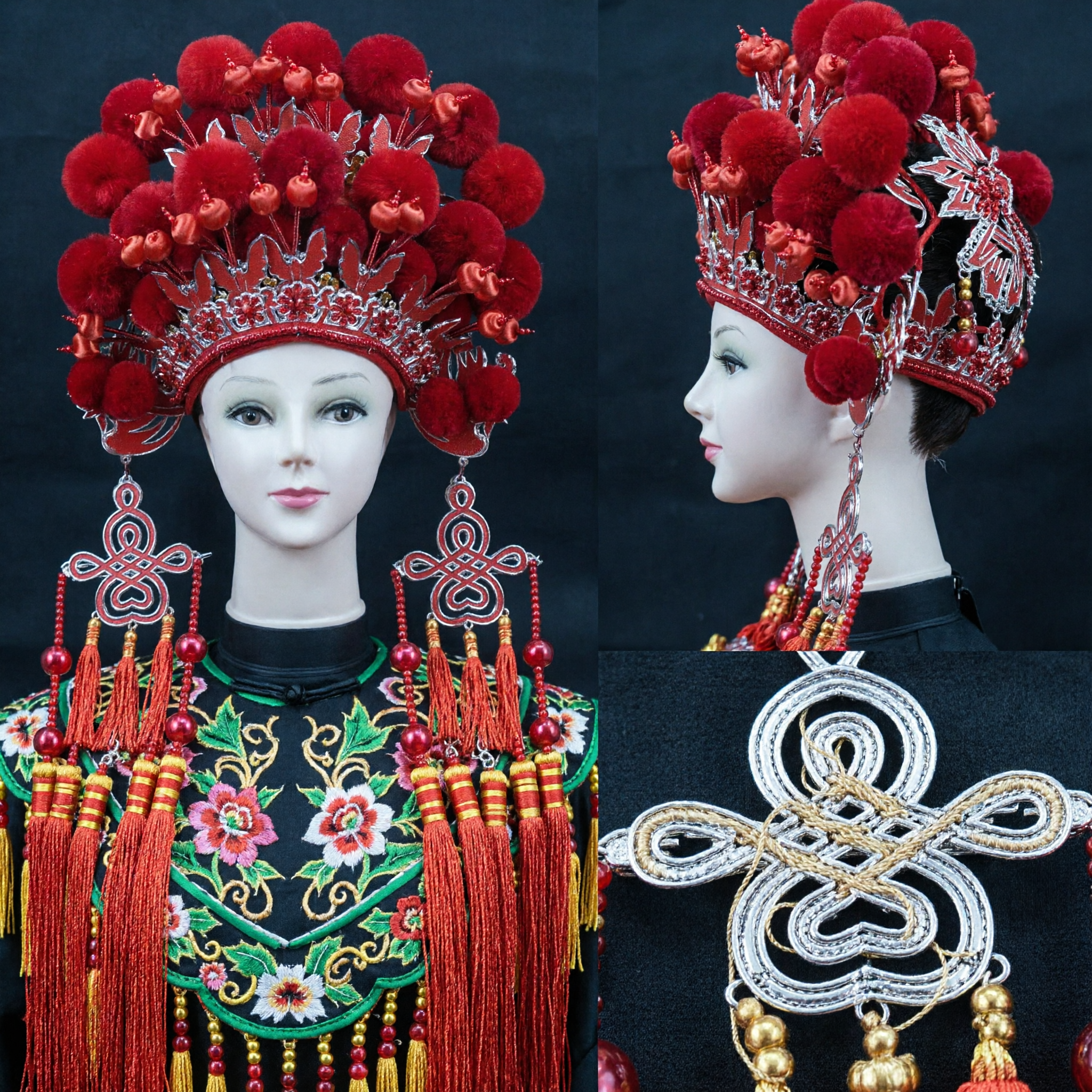 전통 중국 오페라 머리장식 홍색 벨벳 폼폼 봉황관 신부 머리 액세서리 여성 - Asian Costume